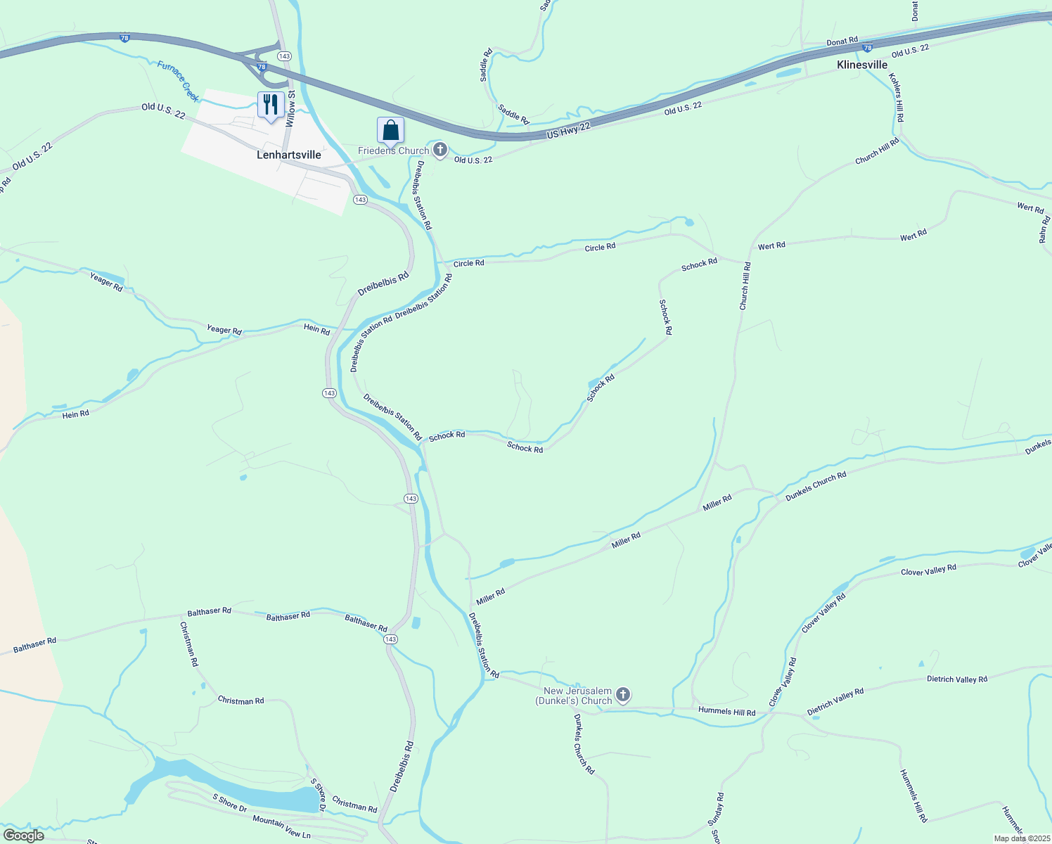 map of restaurants, bars, coffee shops, grocery stores, and more near 223 Schock Road in Lenhartsville