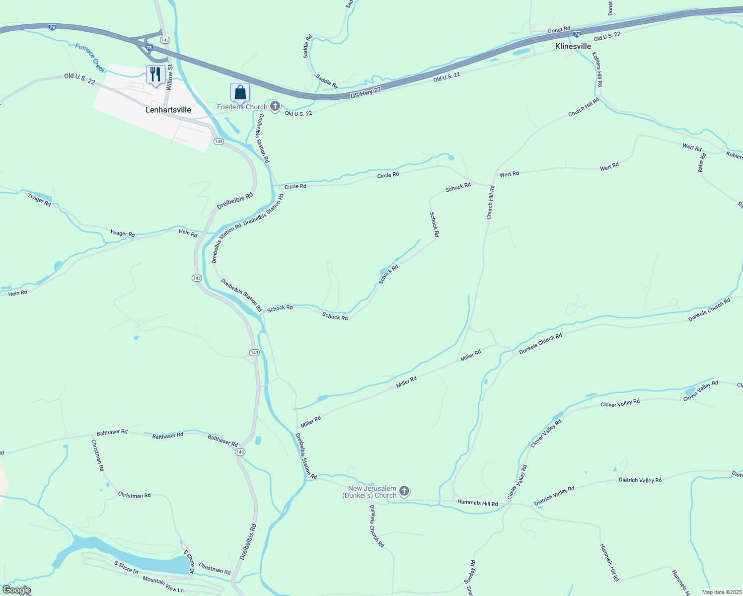 map of restaurants, bars, coffee shops, grocery stores, and more near 191 Schock Road in Lenhartsville