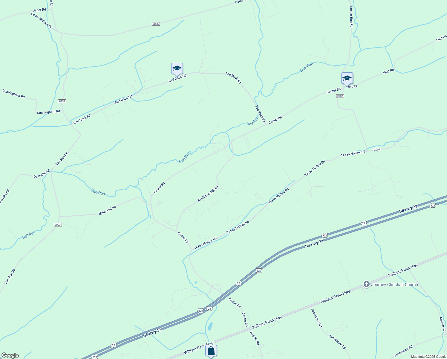 map of restaurants, bars, coffee shops, grocery stores, and more near 500 Kauffman Hill Road in Mifflintown