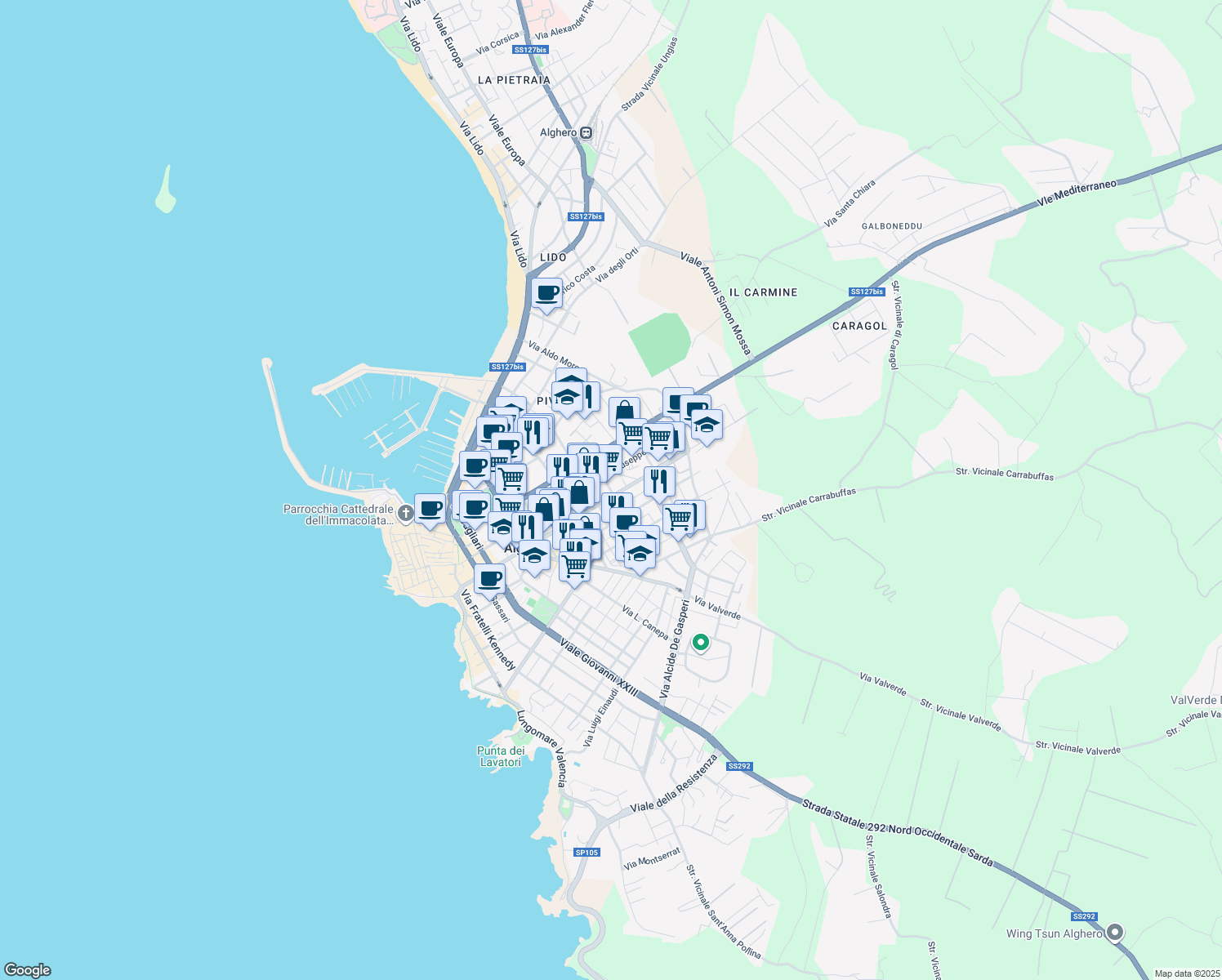 map of restaurants, bars, coffee shops, grocery stores, and more near 153 Via XX Settembre in Alghero