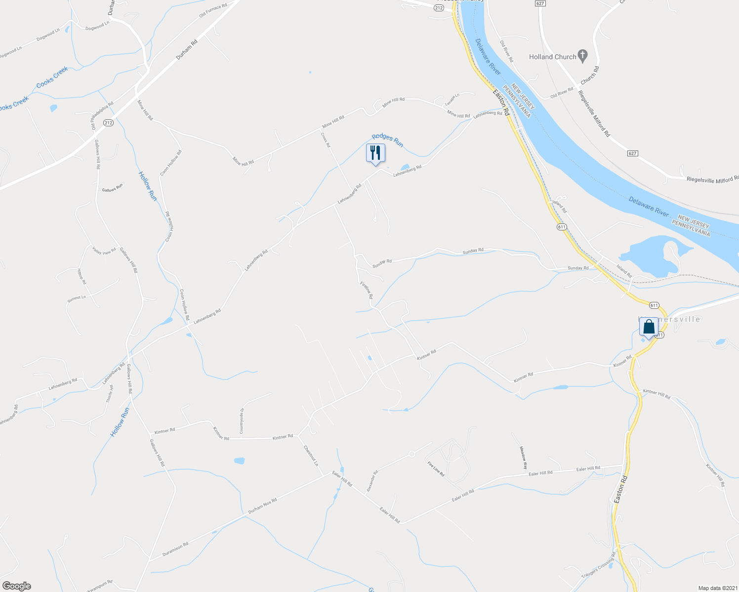 map of restaurants, bars, coffee shops, grocery stores, and more near 268 Fireline Road in Kintnersville