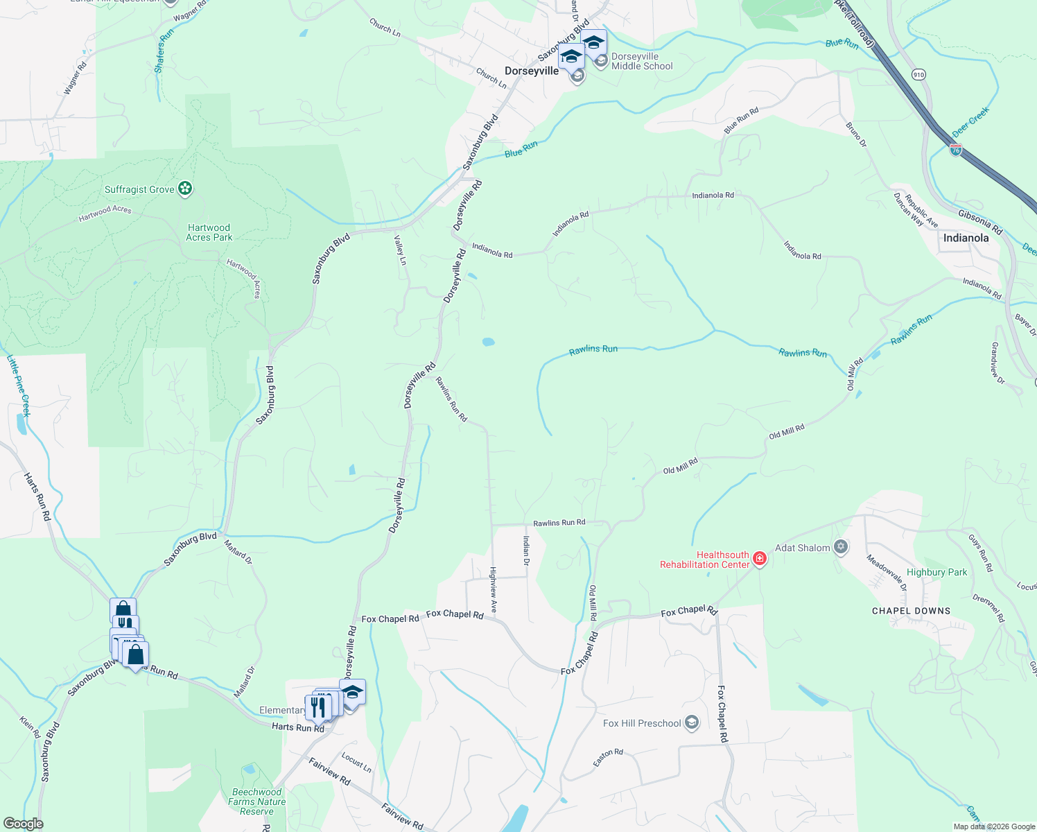 map of restaurants, bars, coffee shops, grocery stores, and more near 129 Rawlins Run Road in Pittsburgh