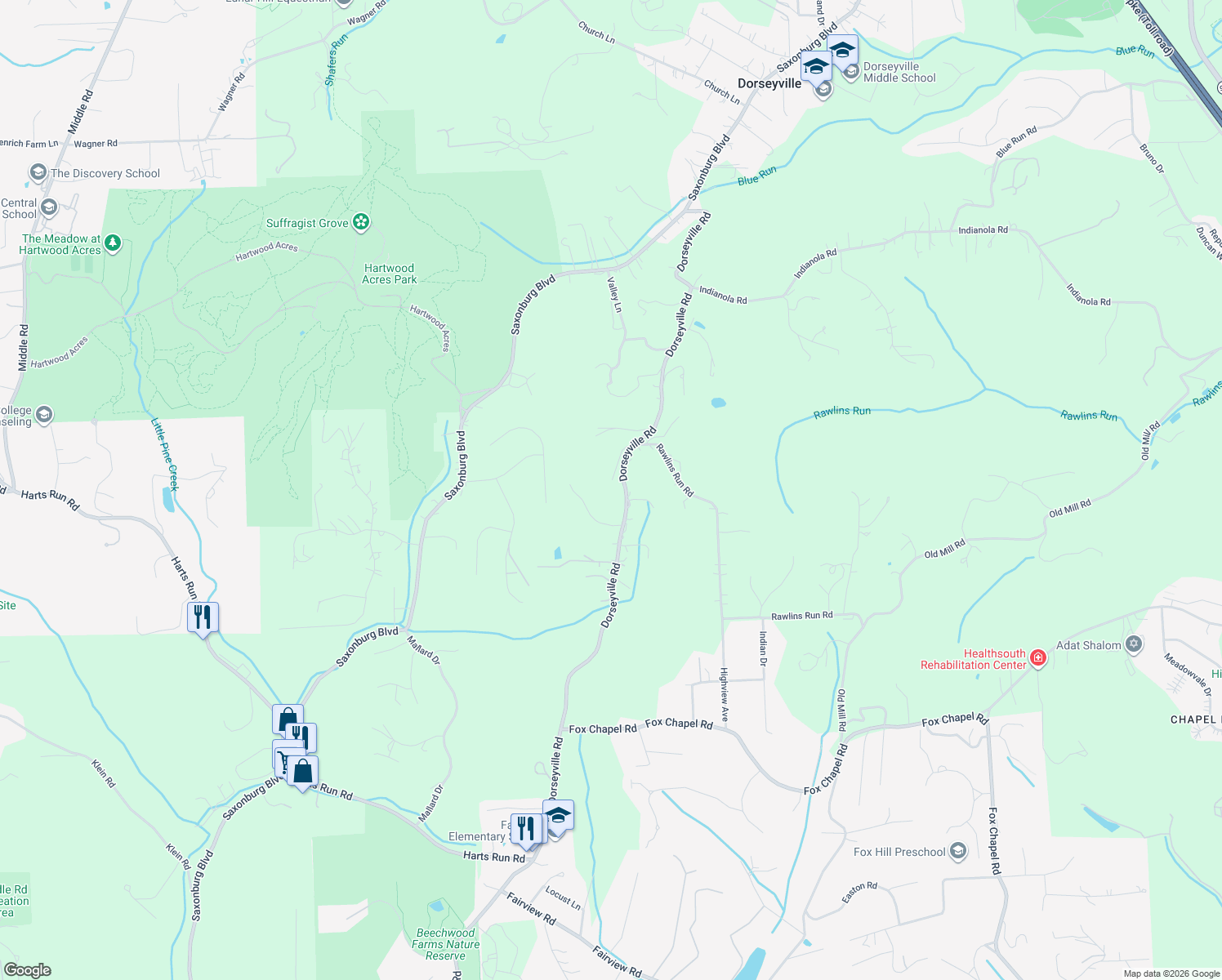 map of restaurants, bars, coffee shops, grocery stores, and more near 20 Highlander Drive in Pittsburgh