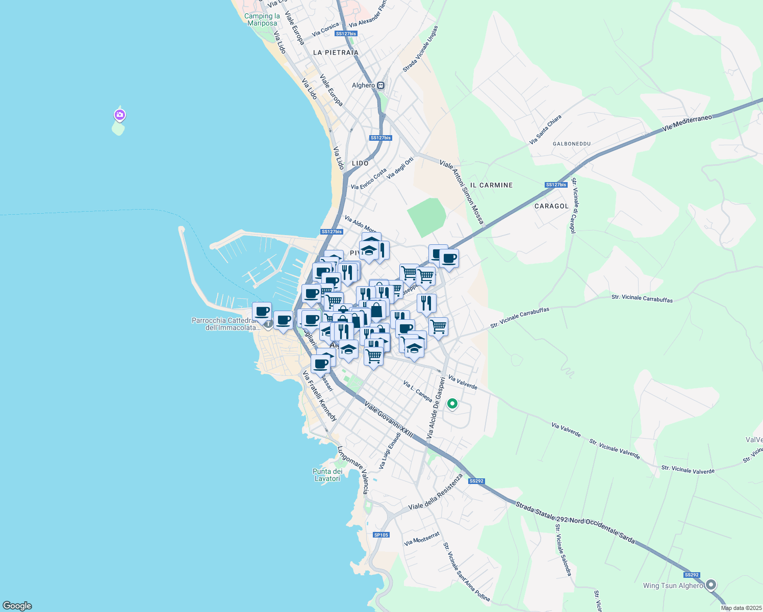 map of restaurants, bars, coffee shops, grocery stores, and more near 154 Via XX Settembre in Alghero