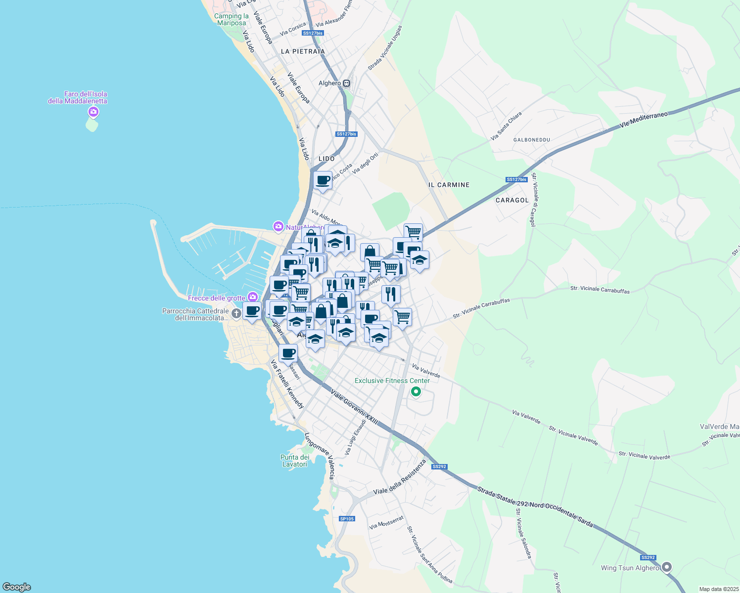 map of restaurants, bars, coffee shops, grocery stores, and more near 150 Via Giuseppe Mazzini in Alghero