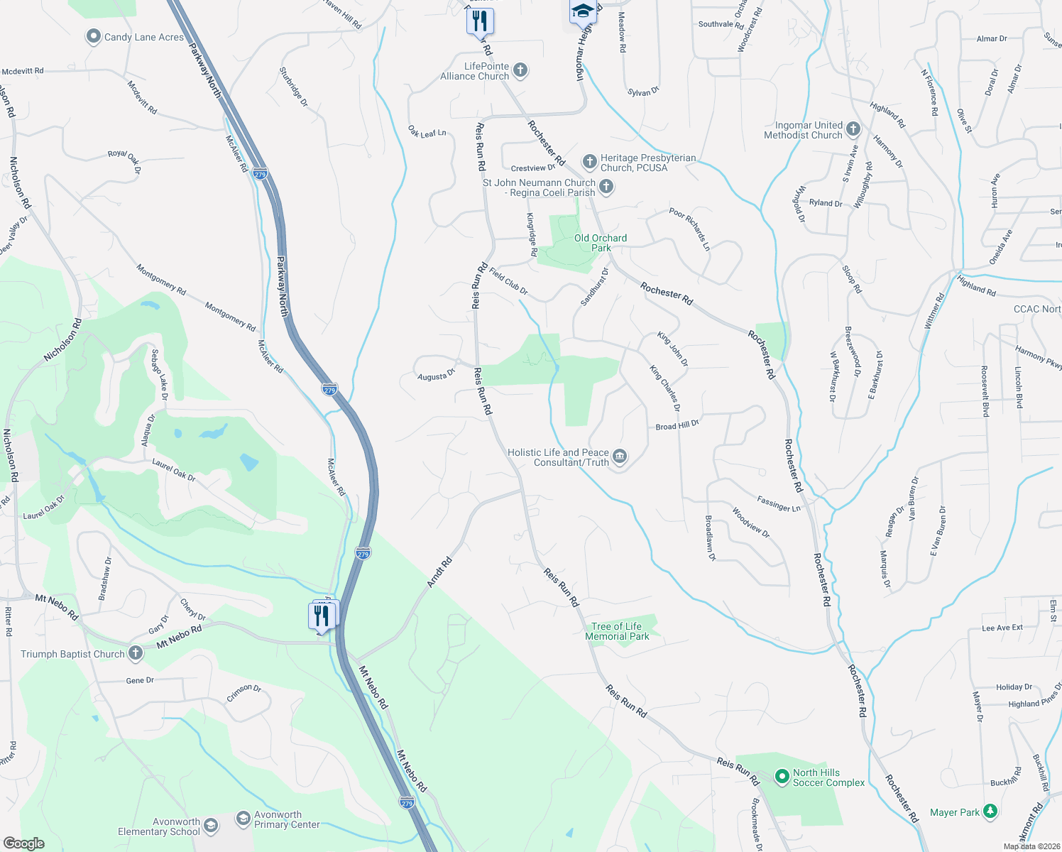 map of restaurants, bars, coffee shops, grocery stores, and more near 1612 White Oak Court in Pittsburgh