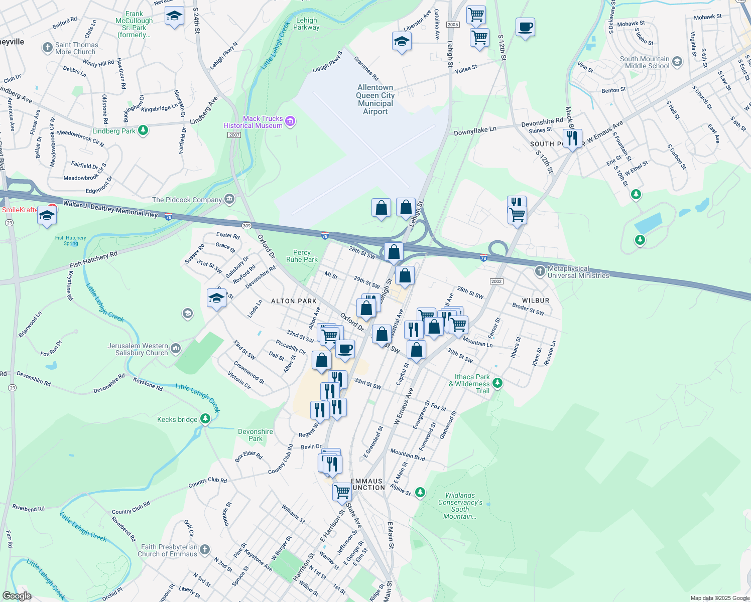 map of restaurants, bars, coffee shops, grocery stores, and more near 2930 Lehigh Street in Allentown