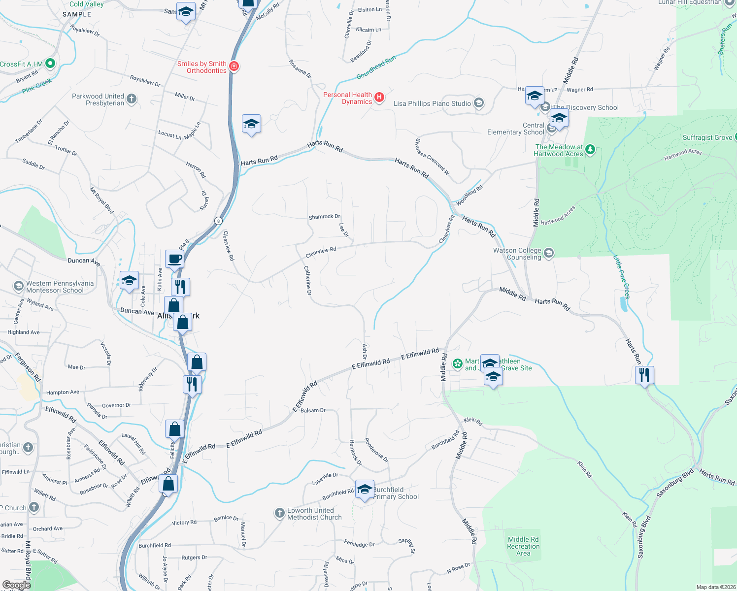 map of restaurants, bars, coffee shops, grocery stores, and more near 2925 Skyline Drive in Hampton Township