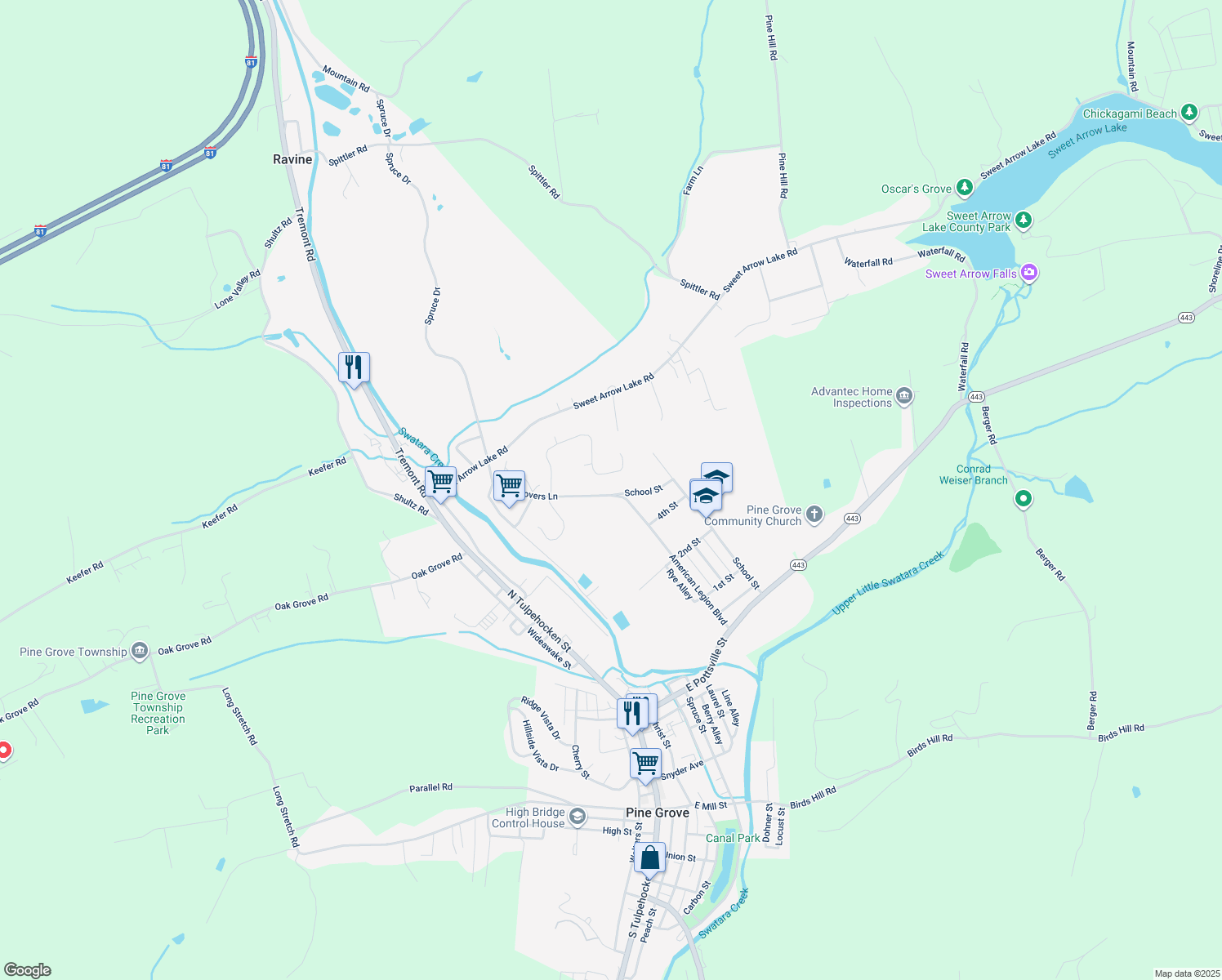 map of restaurants, bars, coffee shops, grocery stores, and more near 501 American Legion Boulevard in Pine Grove