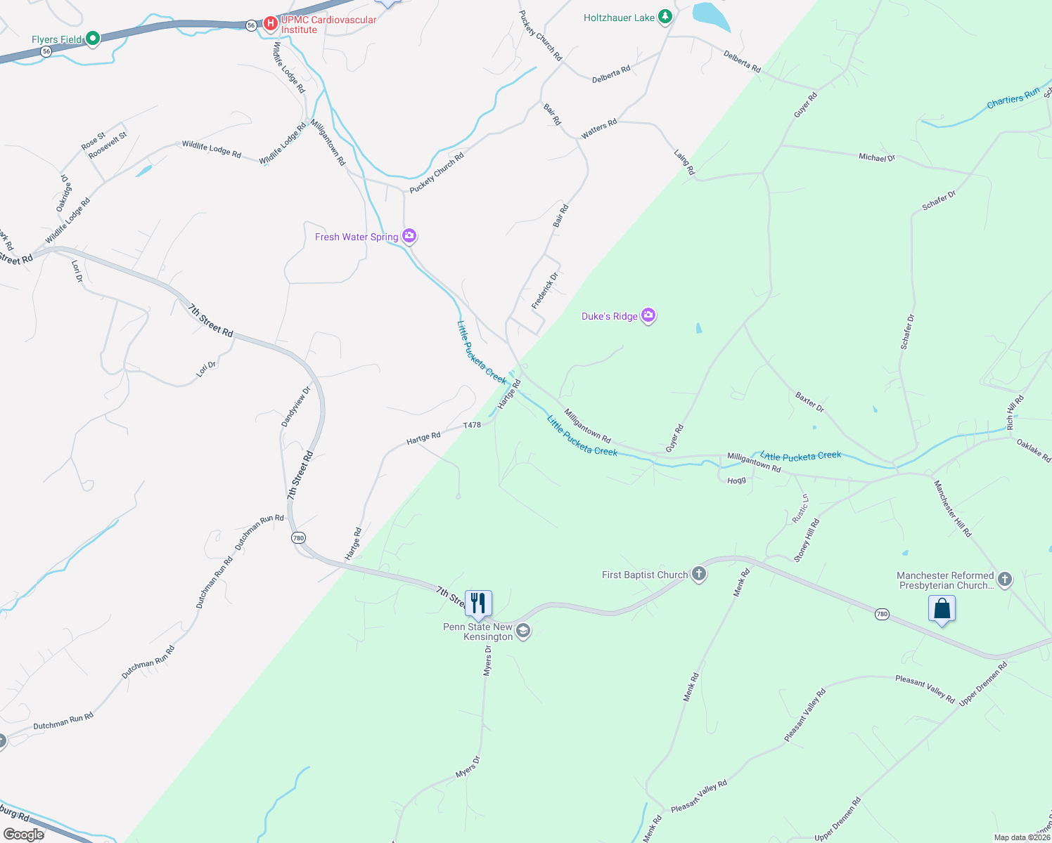 map of restaurants, bars, coffee shops, grocery stores, and more near 195 Hartge Road in New Kensington