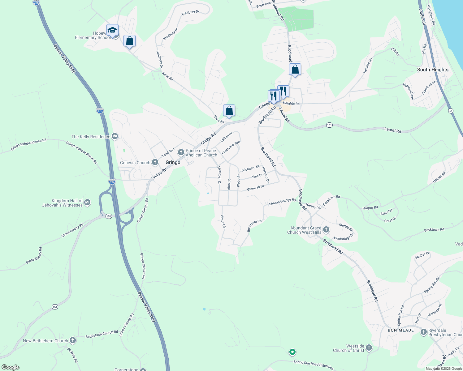 map of restaurants, bars, coffee shops, grocery stores, and more near 5620 Alan Street in Aliquippa