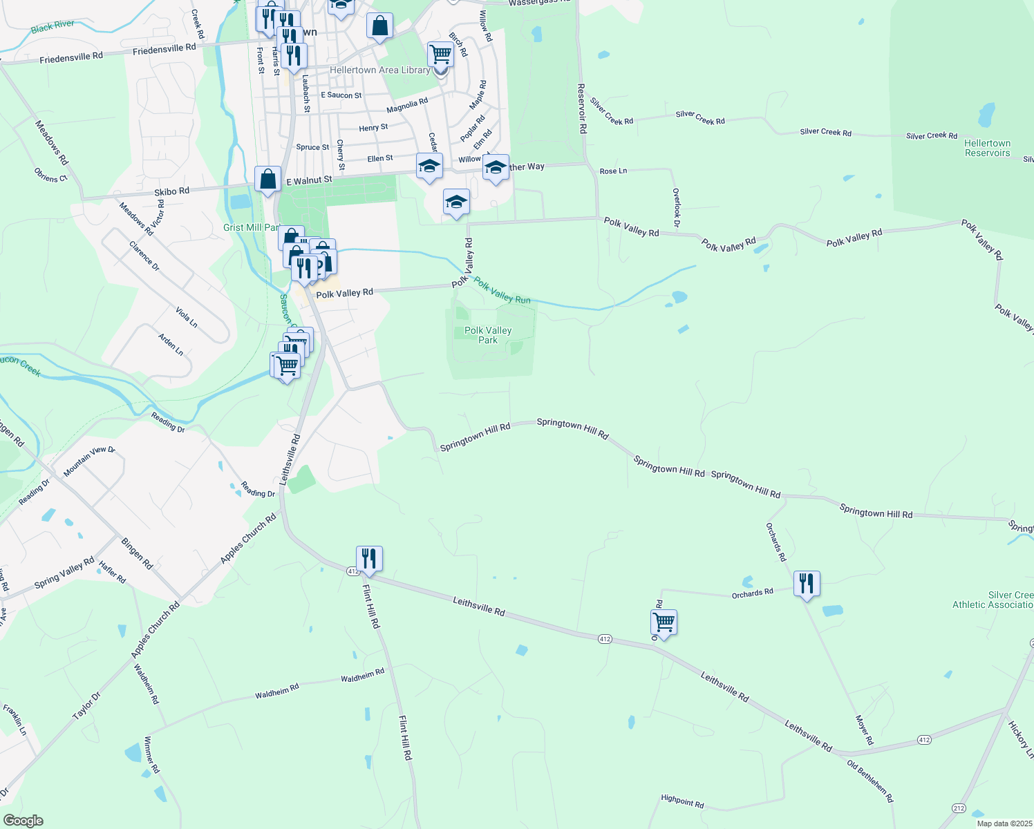map of restaurants, bars, coffee shops, grocery stores, and more near 1715 Hill Dr in Hellertown