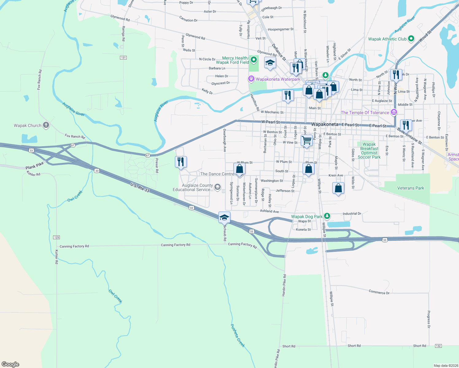 map of restaurants, bars, coffee shops, grocery stores, and more near 907 Springwood Lane in Wapakoneta