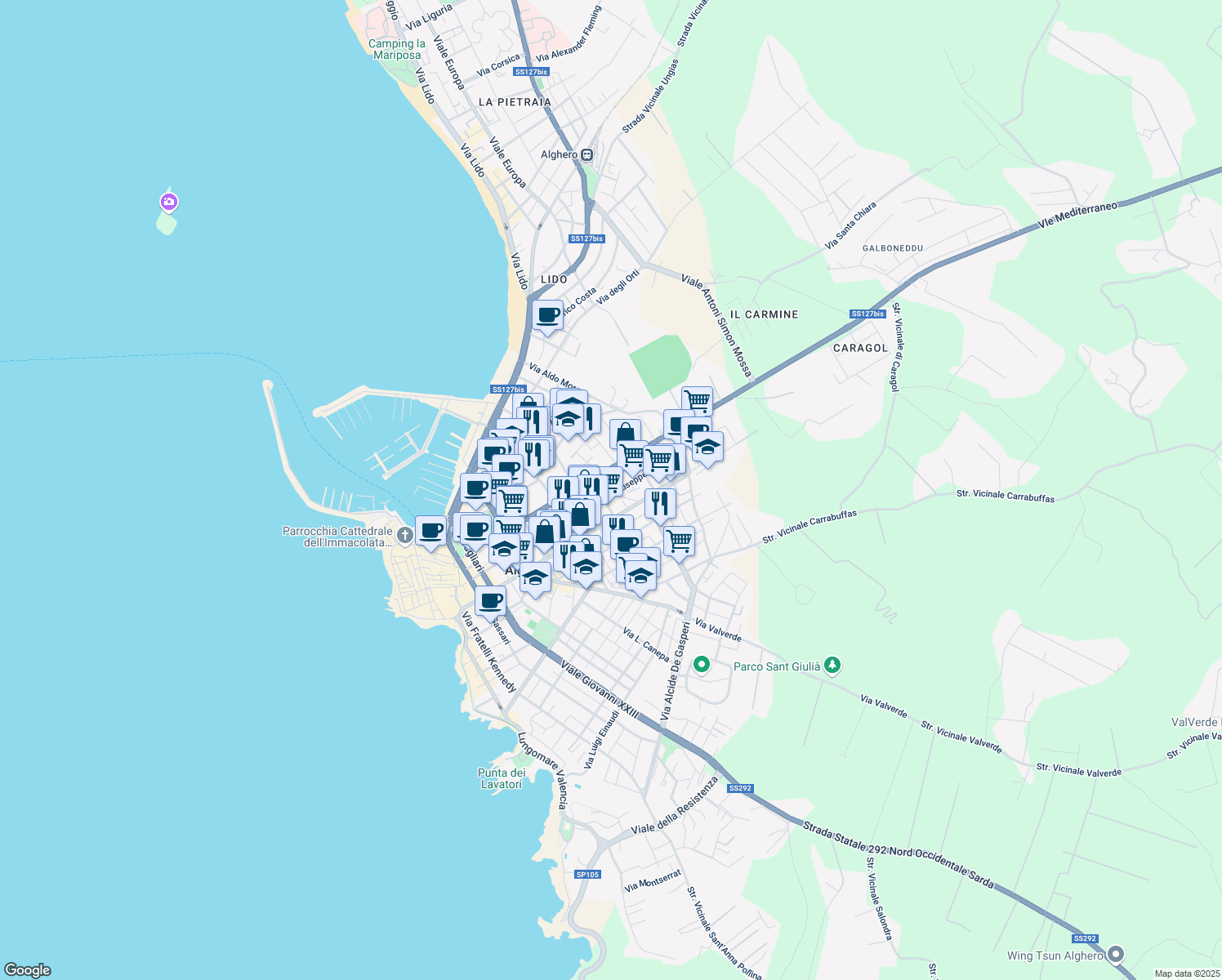 map of restaurants, bars, coffee shops, grocery stores, and more near 150 Via Giuseppe Mazzini in Alghero