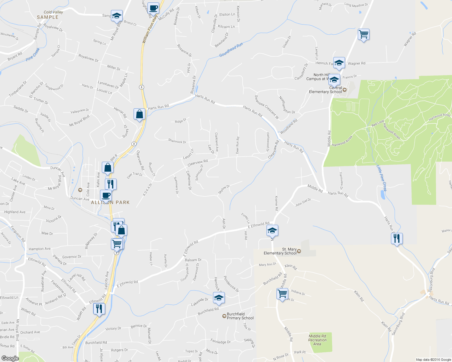 map of restaurants, bars, coffee shops, grocery stores, and more near 2925 Skyline Drive in Hampton Township