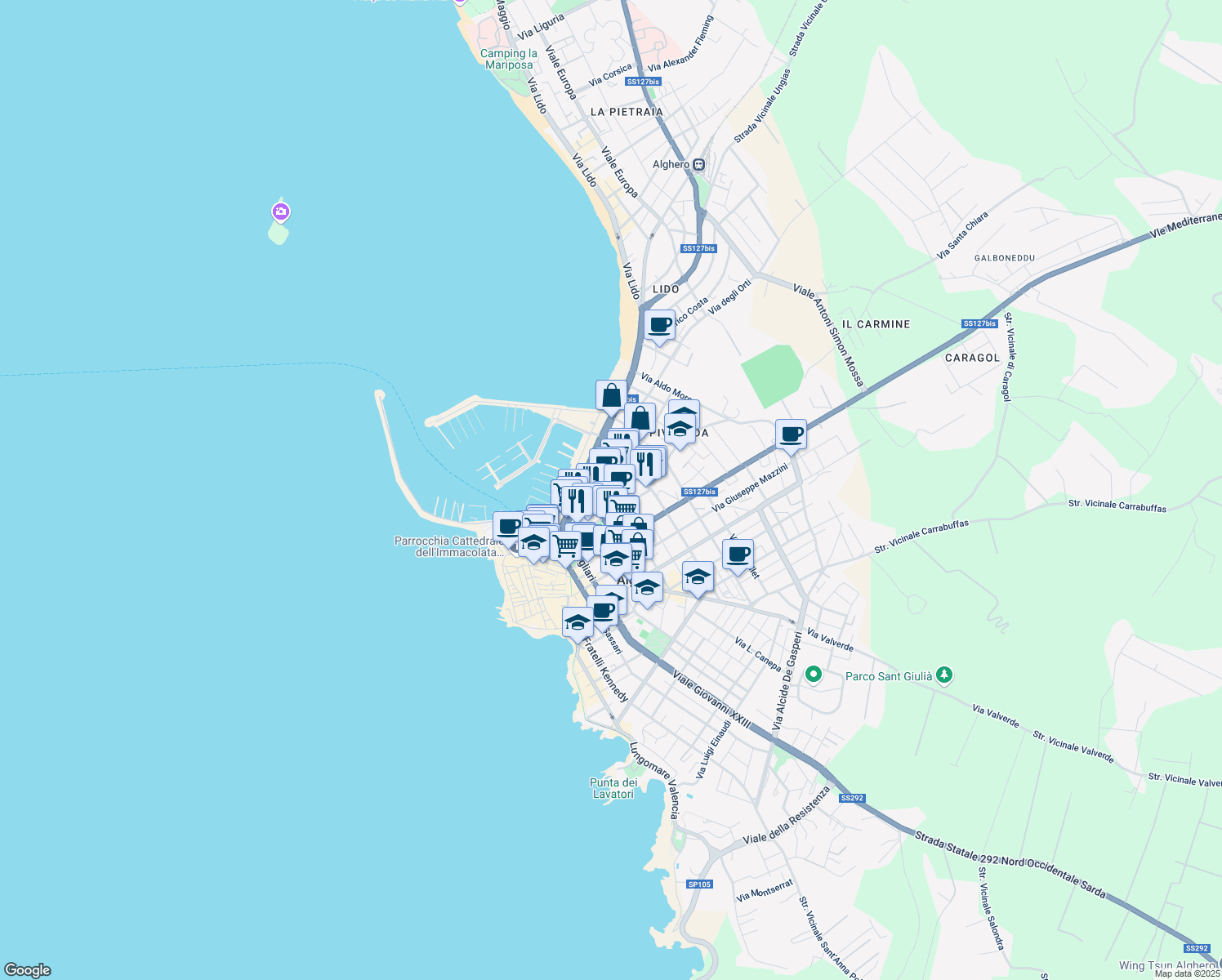 map of restaurants, bars, coffee shops, grocery stores, and more near 19 Via Asfodelo in Alghero