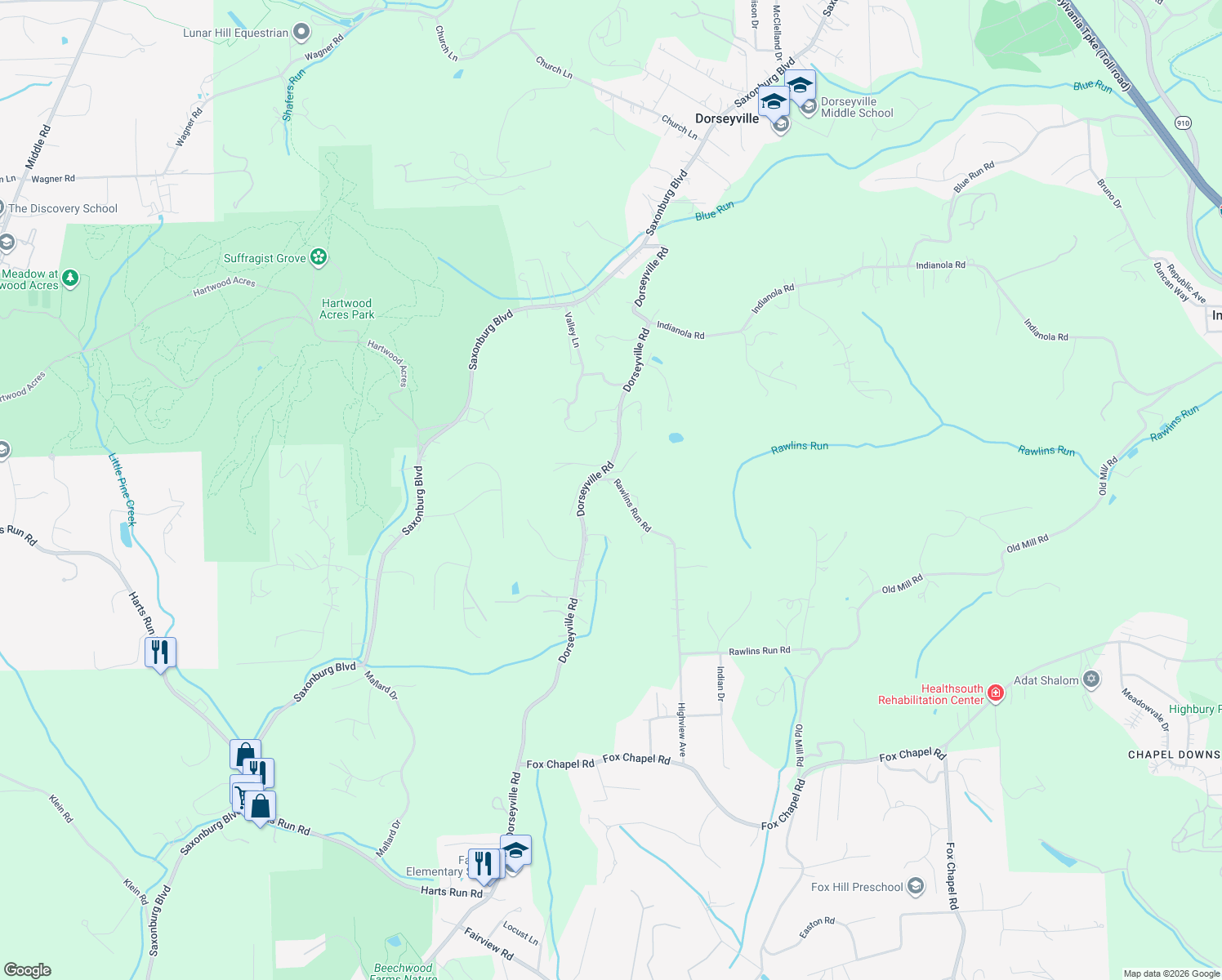 map of restaurants, bars, coffee shops, grocery stores, and more near 108 Rawlins Run Road in Pittsburgh