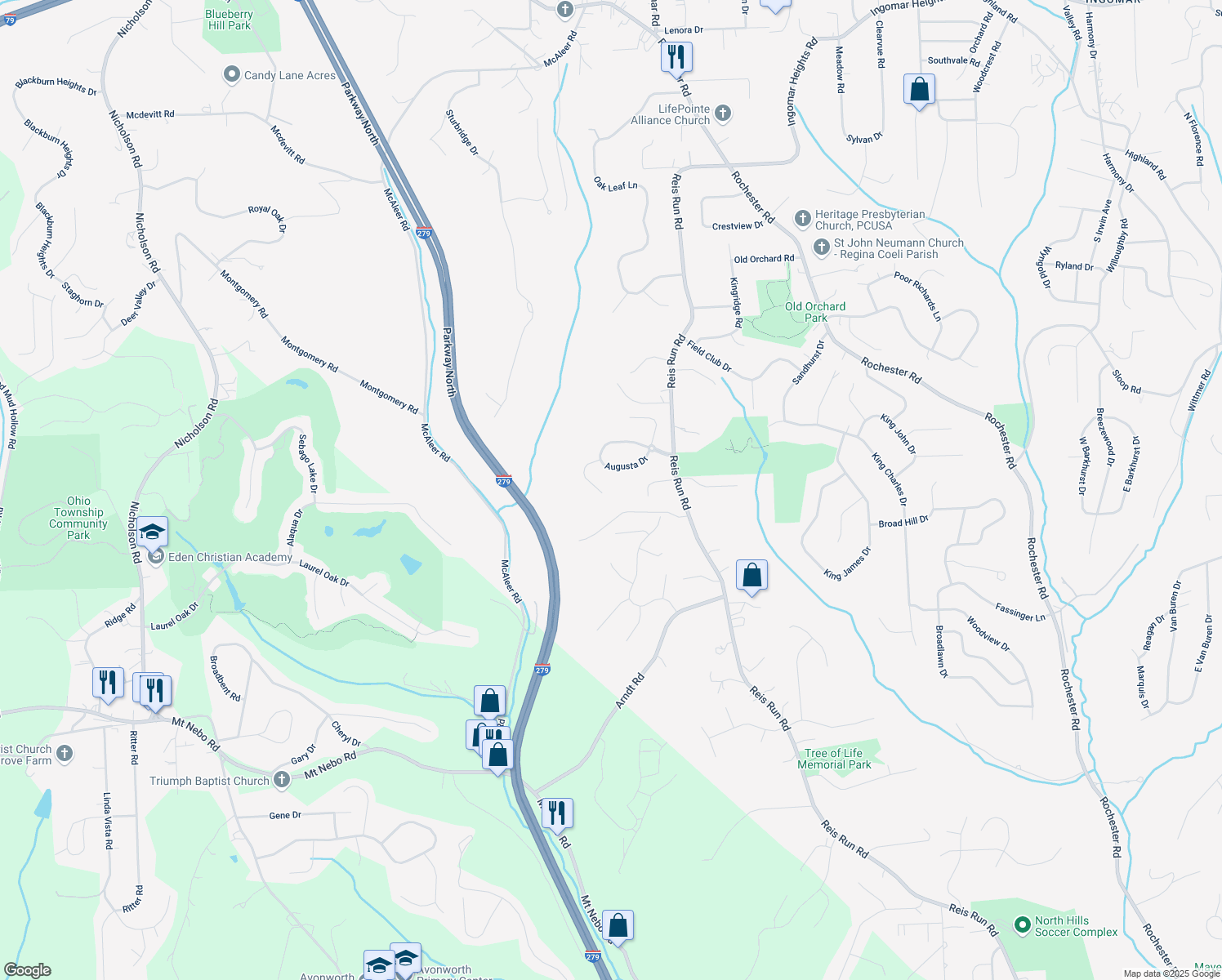 map of restaurants, bars, coffee shops, grocery stores, and more near 1642 Saint Andrews Court in Pittsburgh