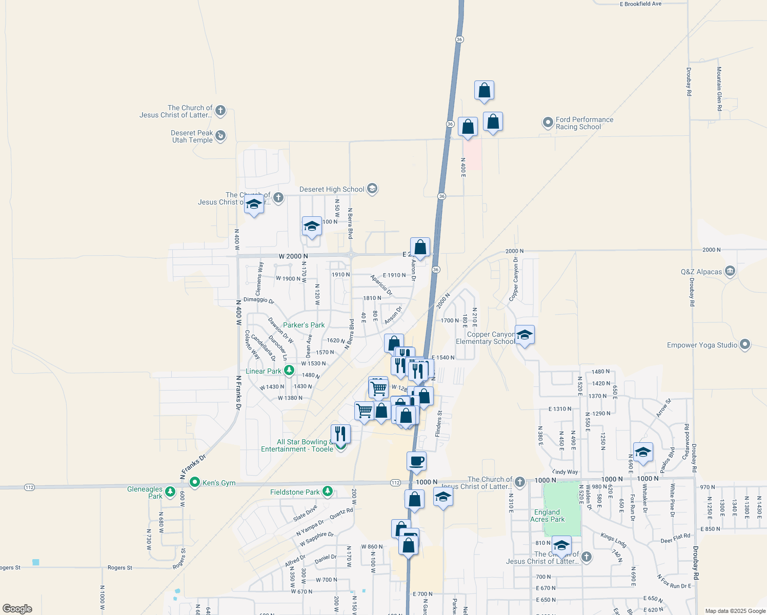 map of restaurants, bars, coffee shops, grocery stores, and more near 1778 North Brett Street in Tooele
