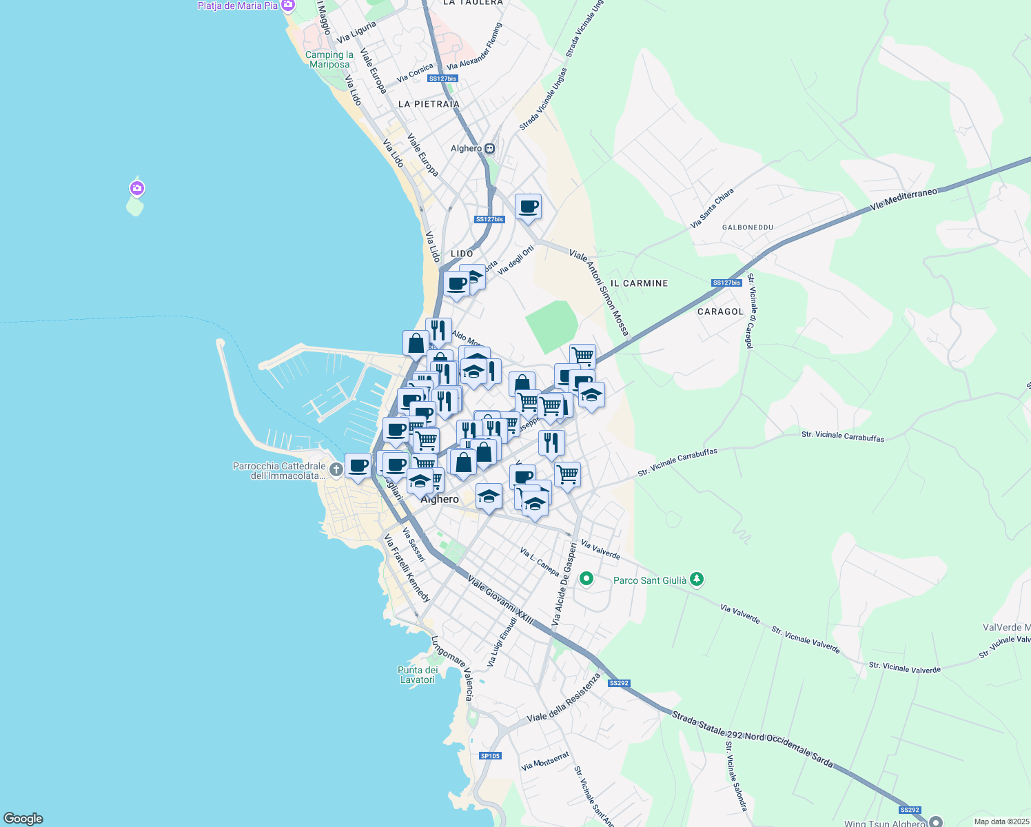 map of restaurants, bars, coffee shops, grocery stores, and more near 33 Via Caravaggio in Alghero