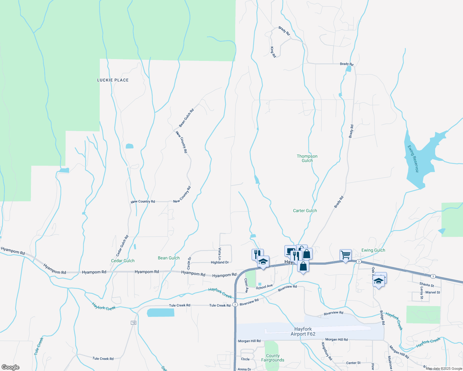 map of restaurants, bars, coffee shops, grocery stores, and more near North Vista Lane in Hayfork