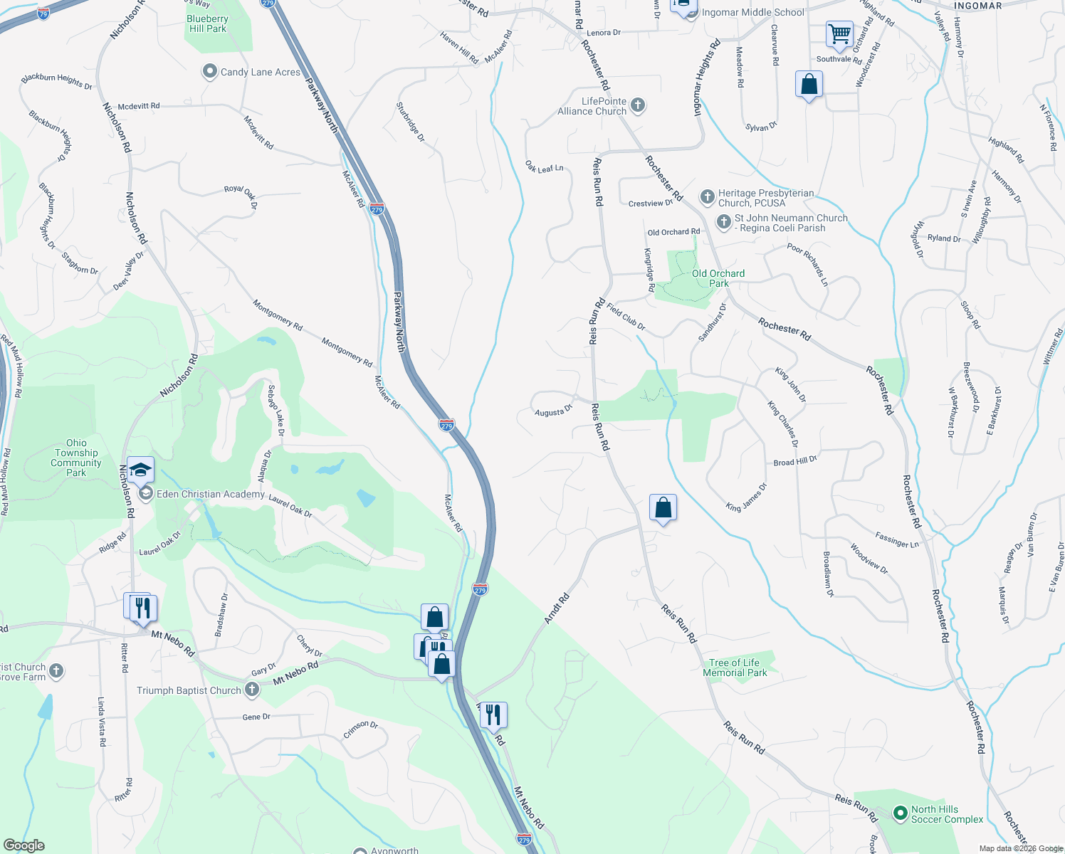 map of restaurants, bars, coffee shops, grocery stores, and more near 1621 Augusta Drive in Pittsburgh