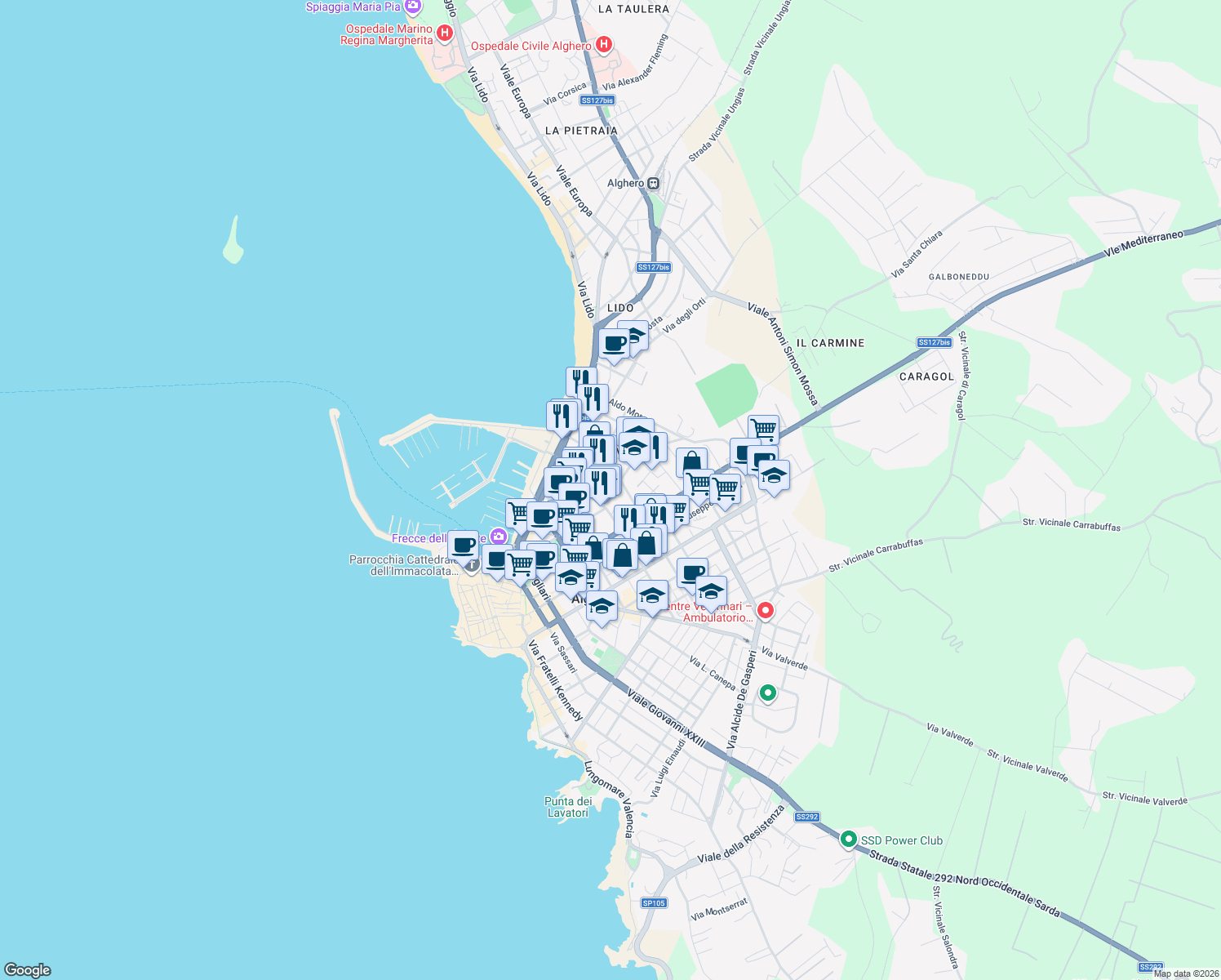 map of restaurants, bars, coffee shops, grocery stores, and more near 2A Via Sebastiano Satta in Alghero