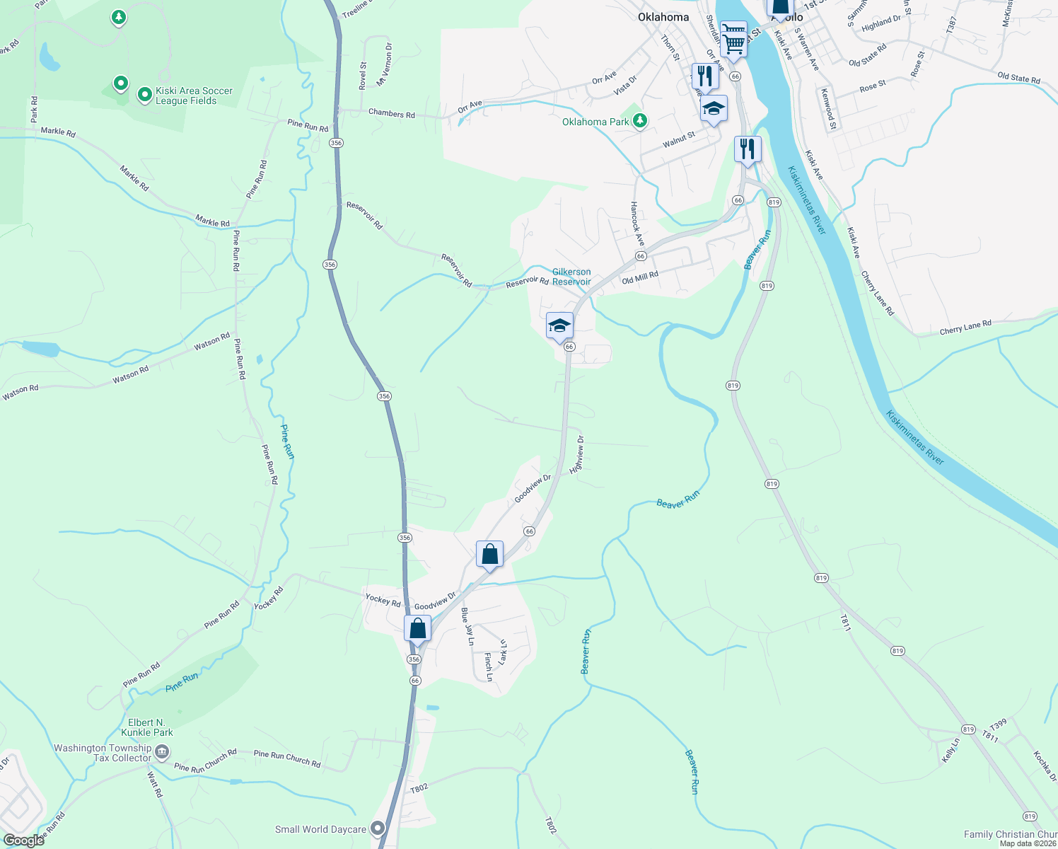 map of restaurants, bars, coffee shops, grocery stores, and more near 123 Martin Drive in Apollo