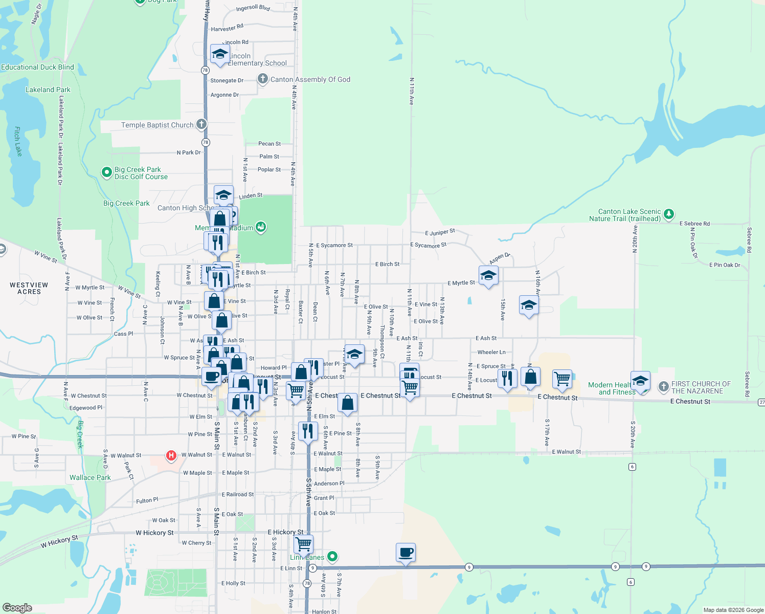 map of restaurants, bars, coffee shops, grocery stores, and more near 599 Thompson Ct in Canton