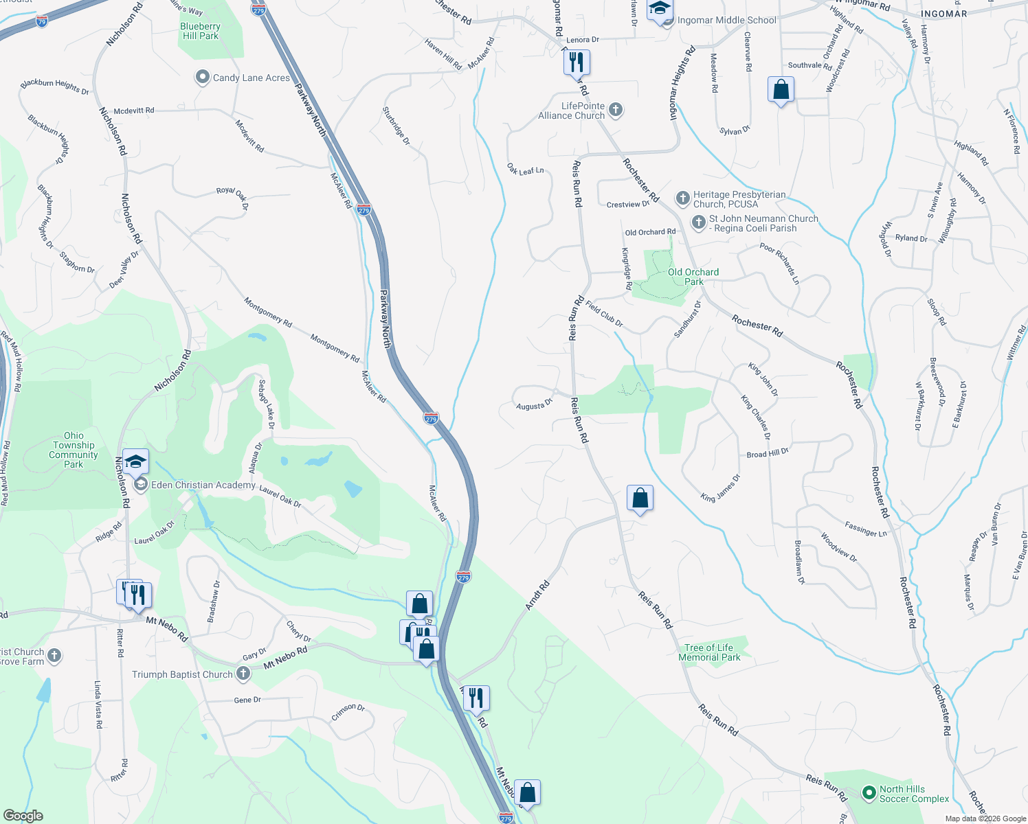 map of restaurants, bars, coffee shops, grocery stores, and more near 1621 Augusta Drive in Pittsburgh