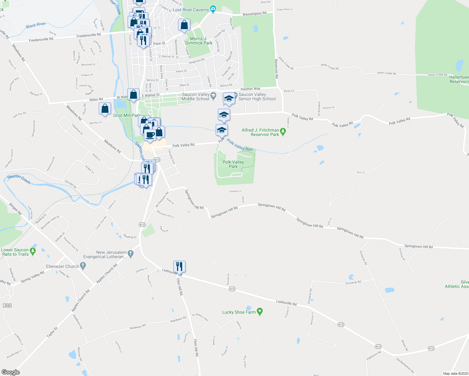 map of restaurants, bars, coffee shops, grocery stores, and more near 2089 Dolores Lane in Hellertown