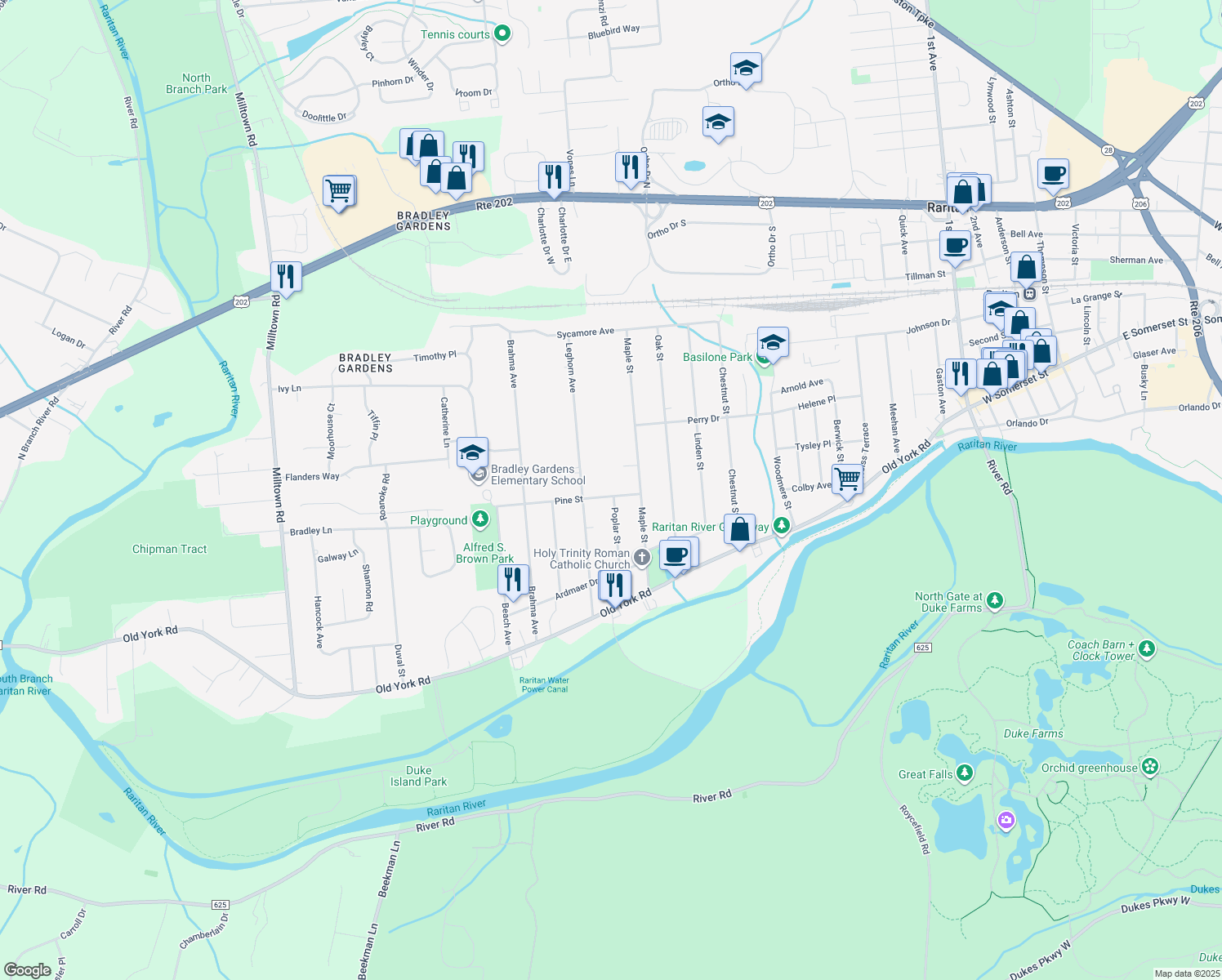 map of restaurants, bars, coffee shops, grocery stores, and more near 80 Pine Street in Bridgewater