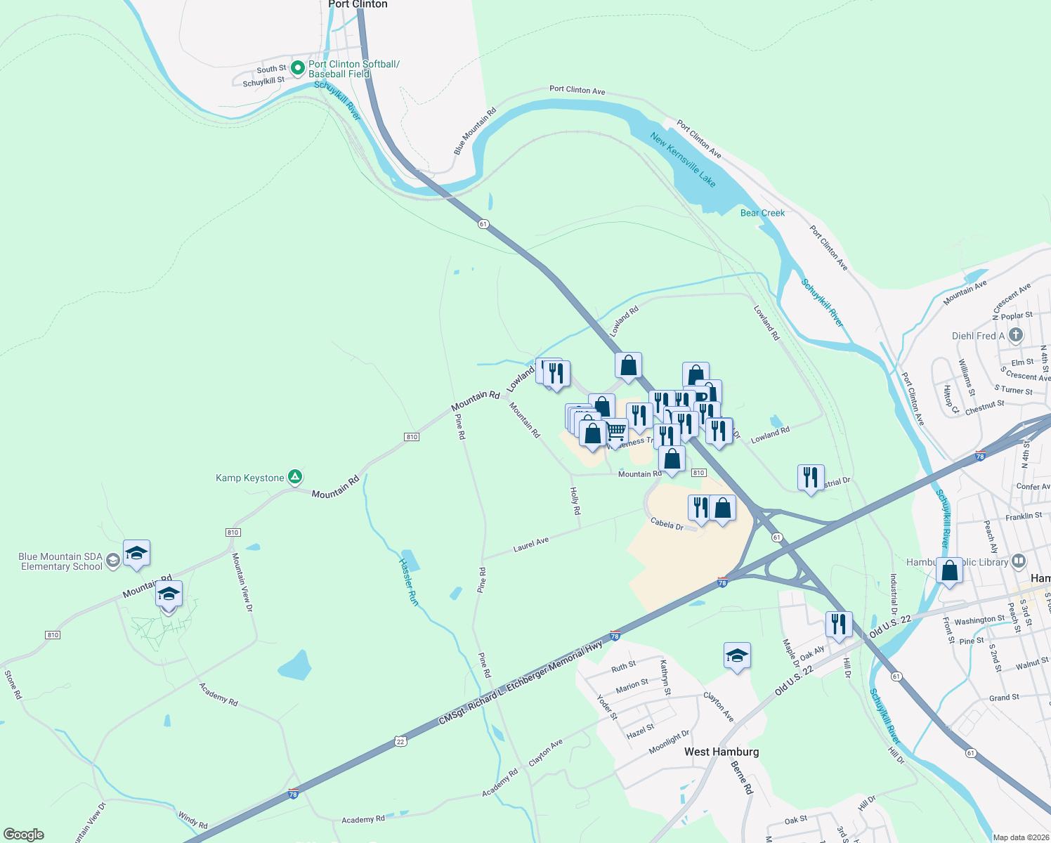 map of restaurants, bars, coffee shops, grocery stores, and more near 1850 Mountain Road in Hamburg