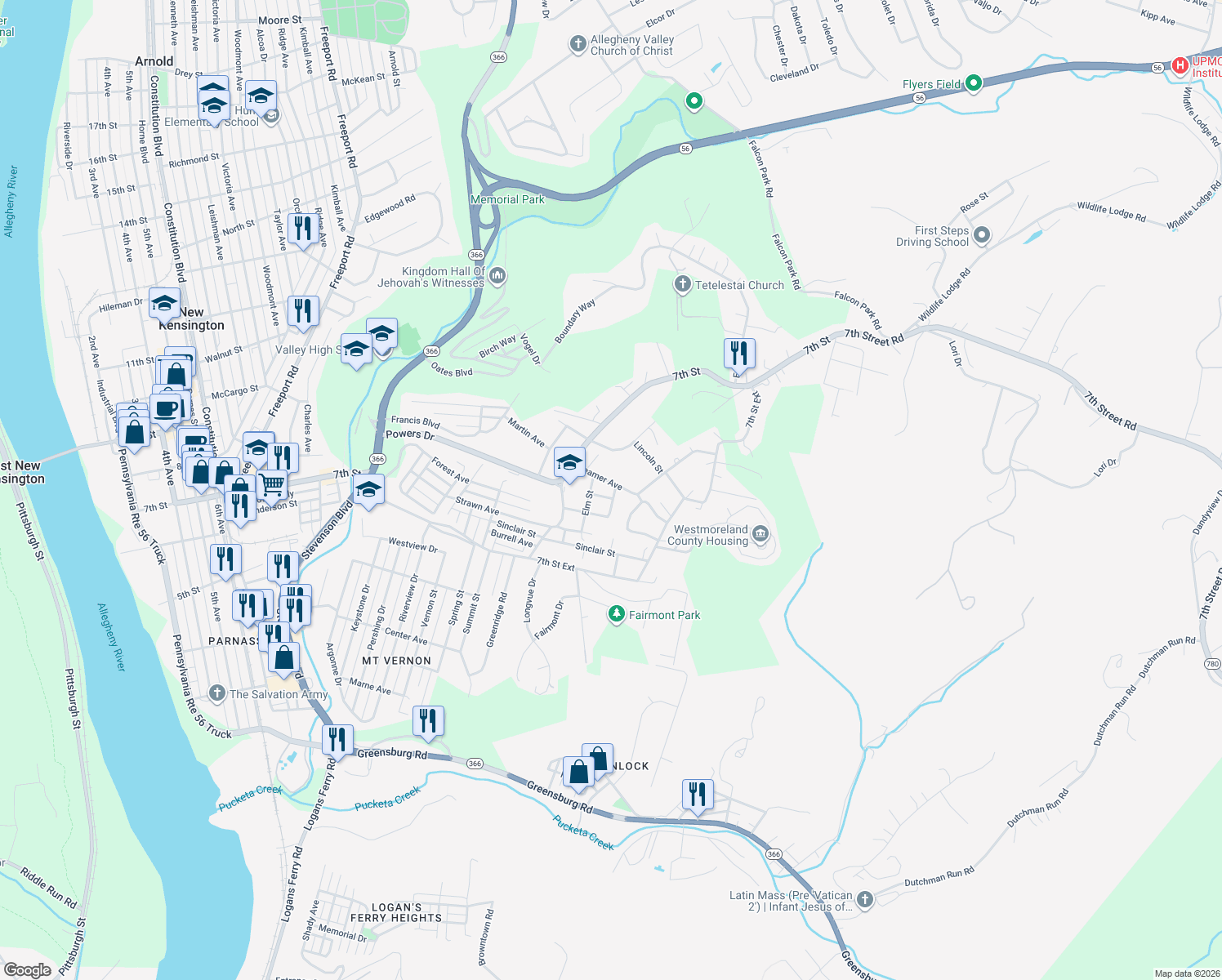 map of restaurants, bars, coffee shops, grocery stores, and more near 1631 Hazlett Street in New Kensington