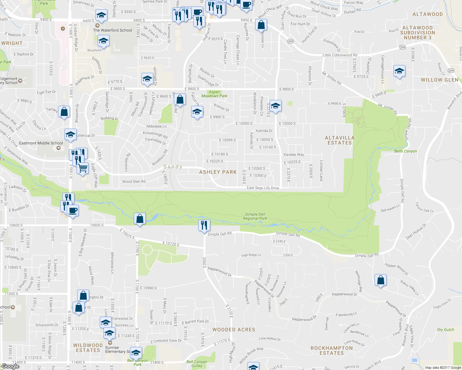 map of restaurants, bars, coffee shops, grocery stores, and more near 2105 Sego Lily Drive in Sandy