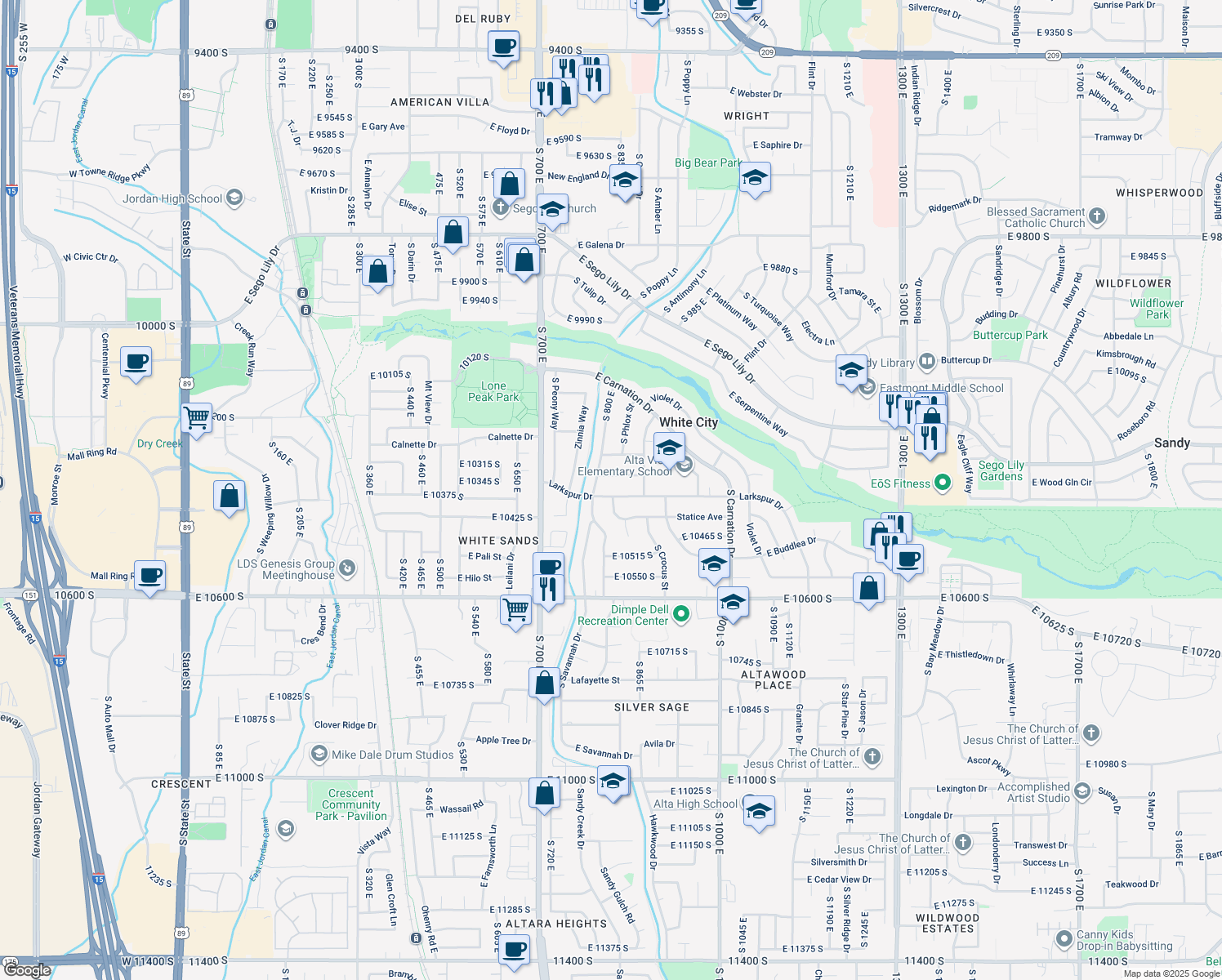 map of restaurants, bars, coffee shops, grocery stores, and more near 807 Larkspur Dr in Sandy