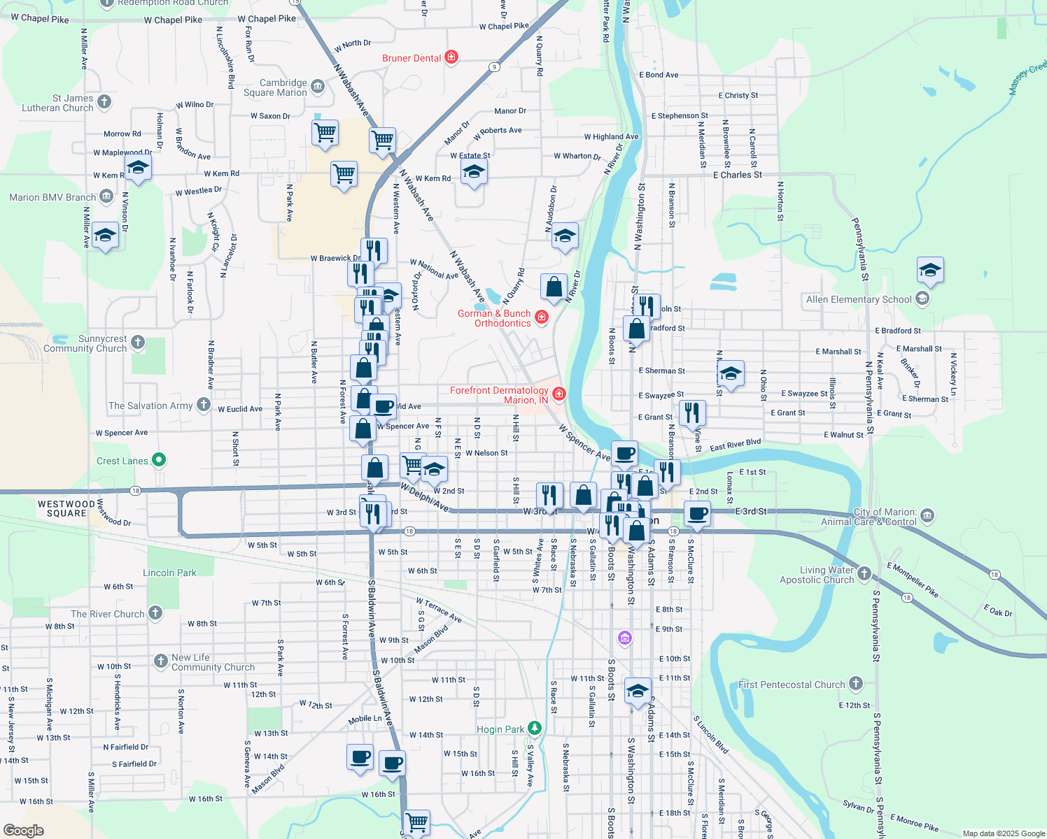 map of restaurants, bars, coffee shops, grocery stores, and more near 616 W Spencer Ave in Marion