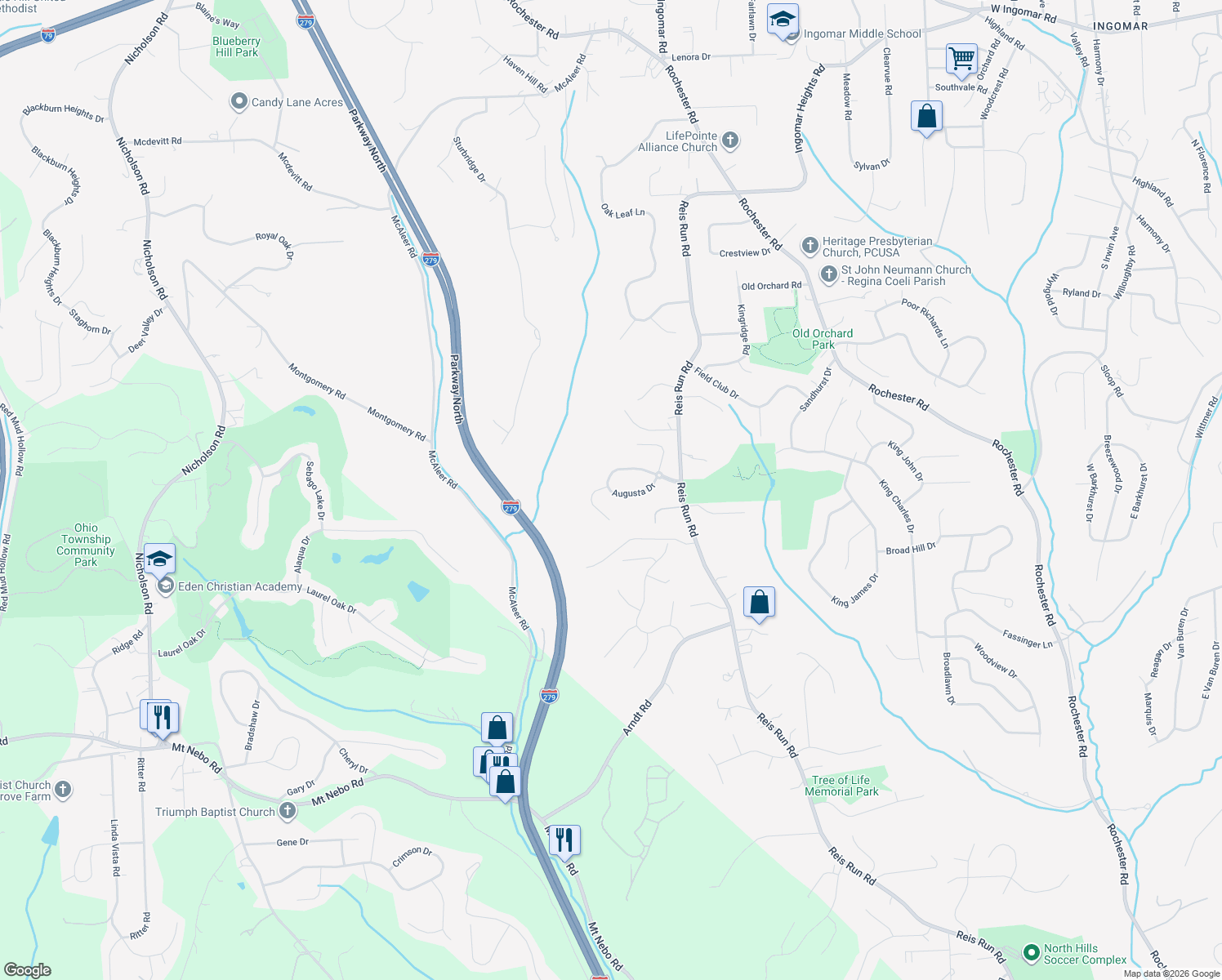 map of restaurants, bars, coffee shops, grocery stores, and more near 1621 Augusta Drive in Pittsburgh