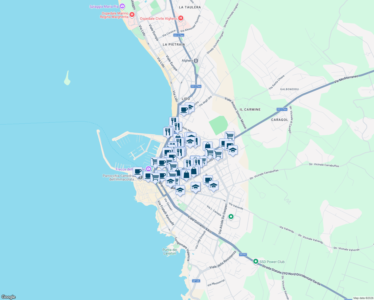 map of restaurants, bars, coffee shops, grocery stores, and more near 2A Via Sebastiano Satta in Alghero