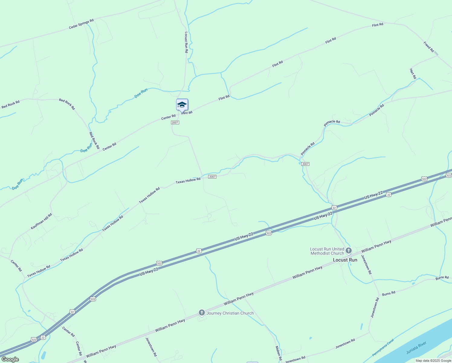 map of restaurants, bars, coffee shops, grocery stores, and more near 1561 Locust Run Road in Mifflintown