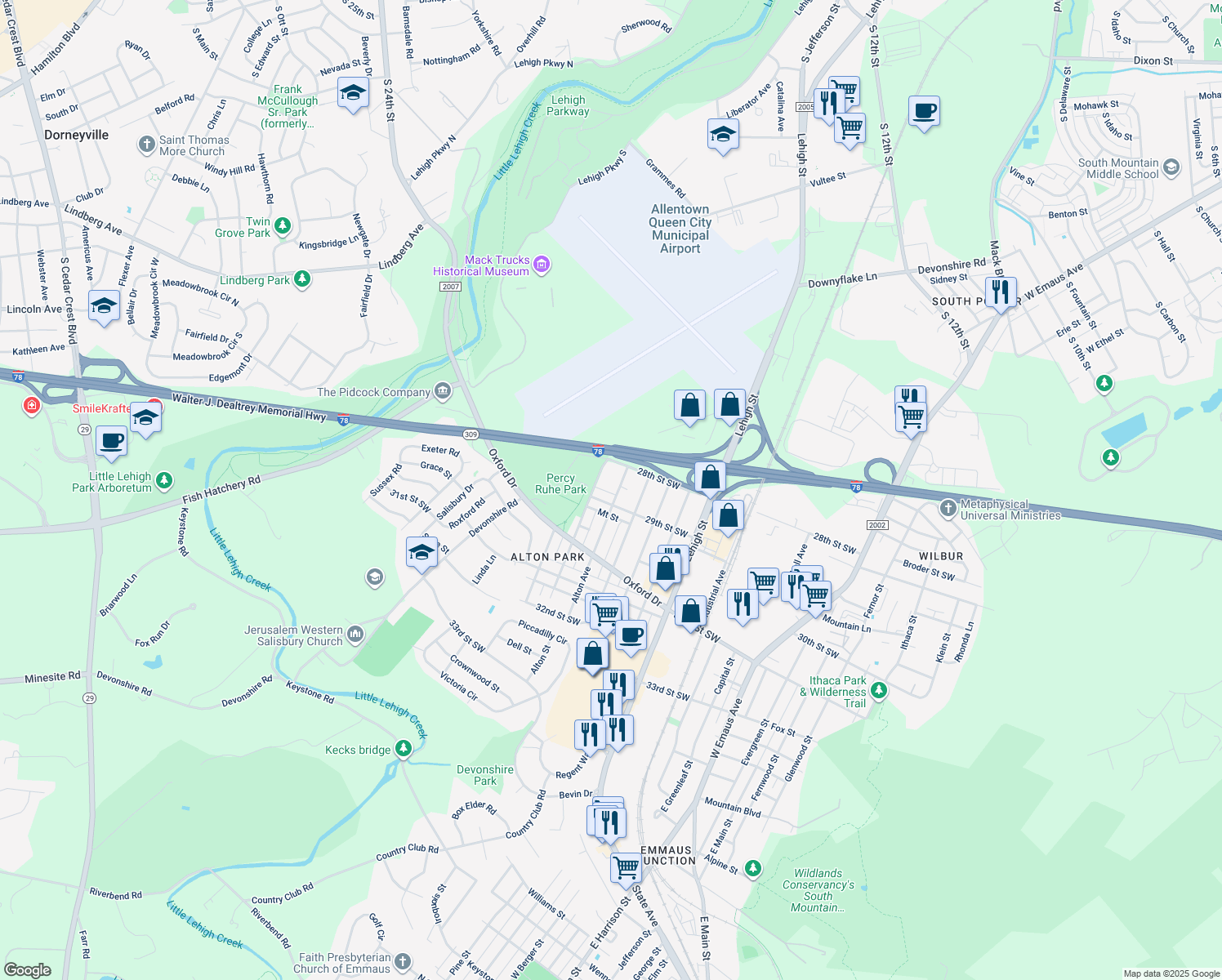map of restaurants, bars, coffee shops, grocery stores, and more near 2837 Alton Avenue in Allentown