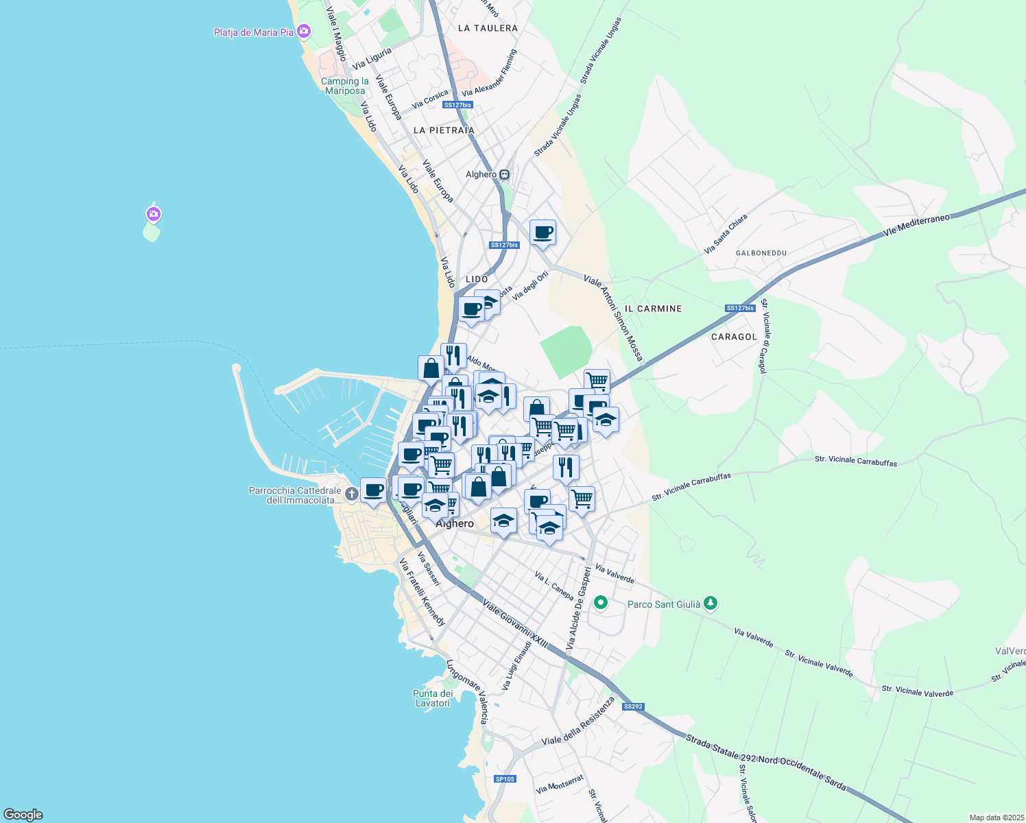 map of restaurants, bars, coffee shops, grocery stores, and more near 33 Via Caravaggio in Alghero