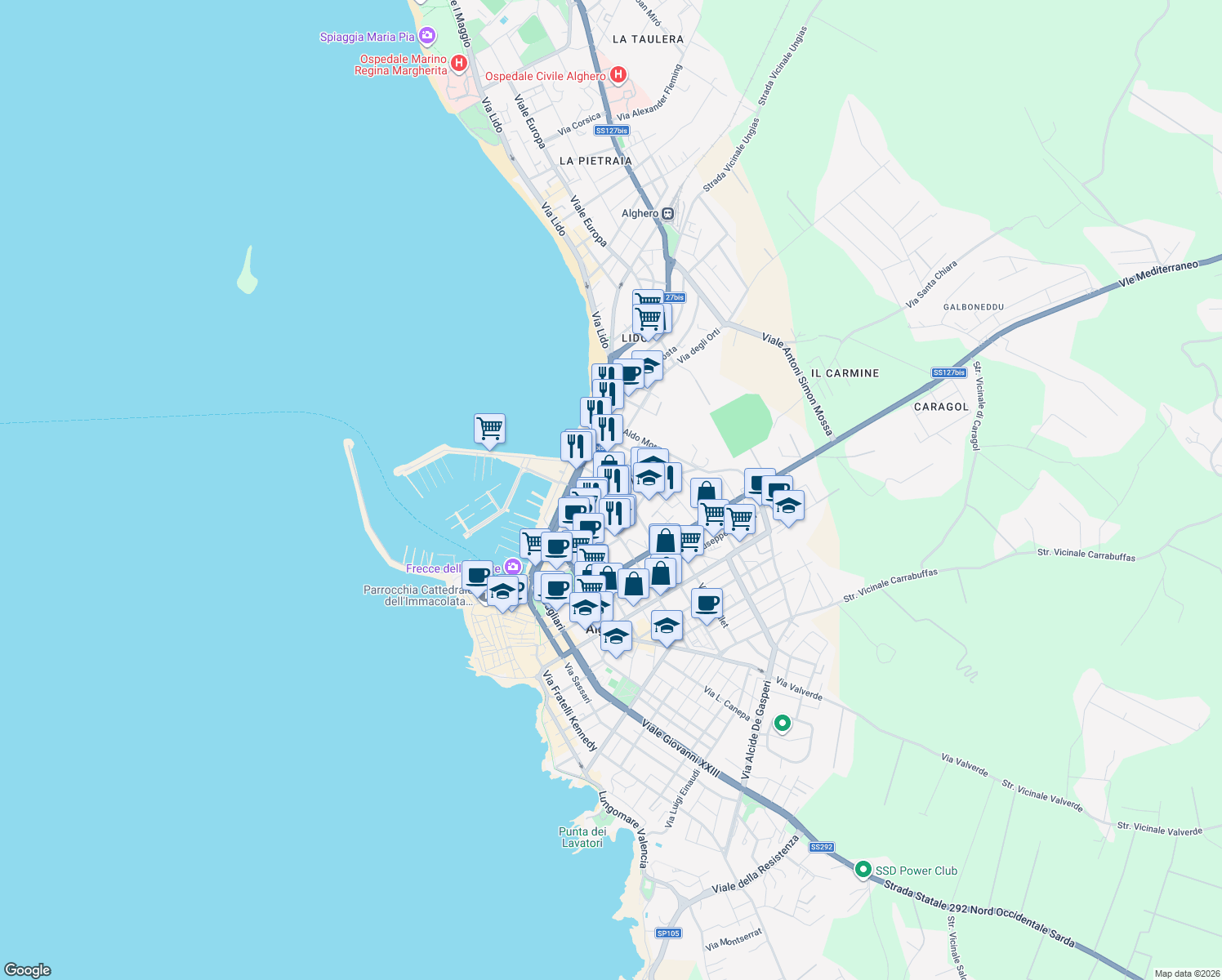 map of restaurants, bars, coffee shops, grocery stores, and more near 45 Via degli Orti in Alghero