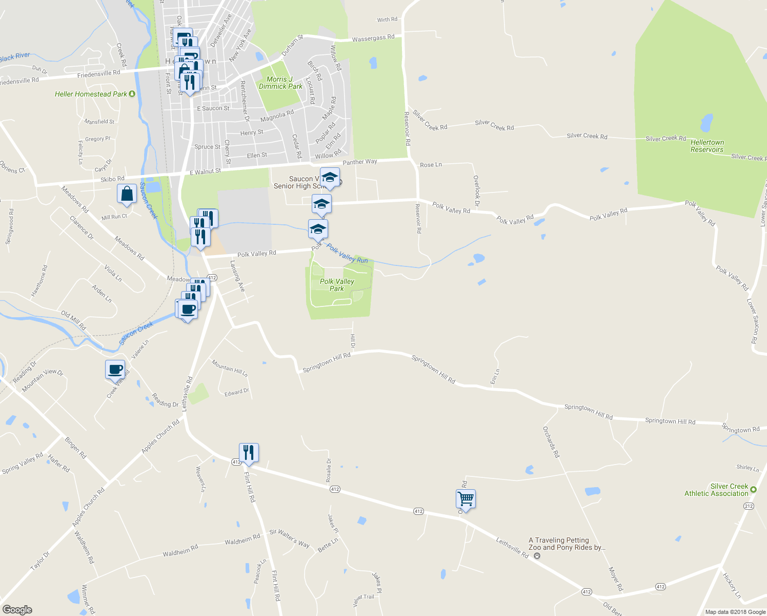 map of restaurants, bars, coffee shops, grocery stores, and more near 3347 Reservoir Road in Hellertown