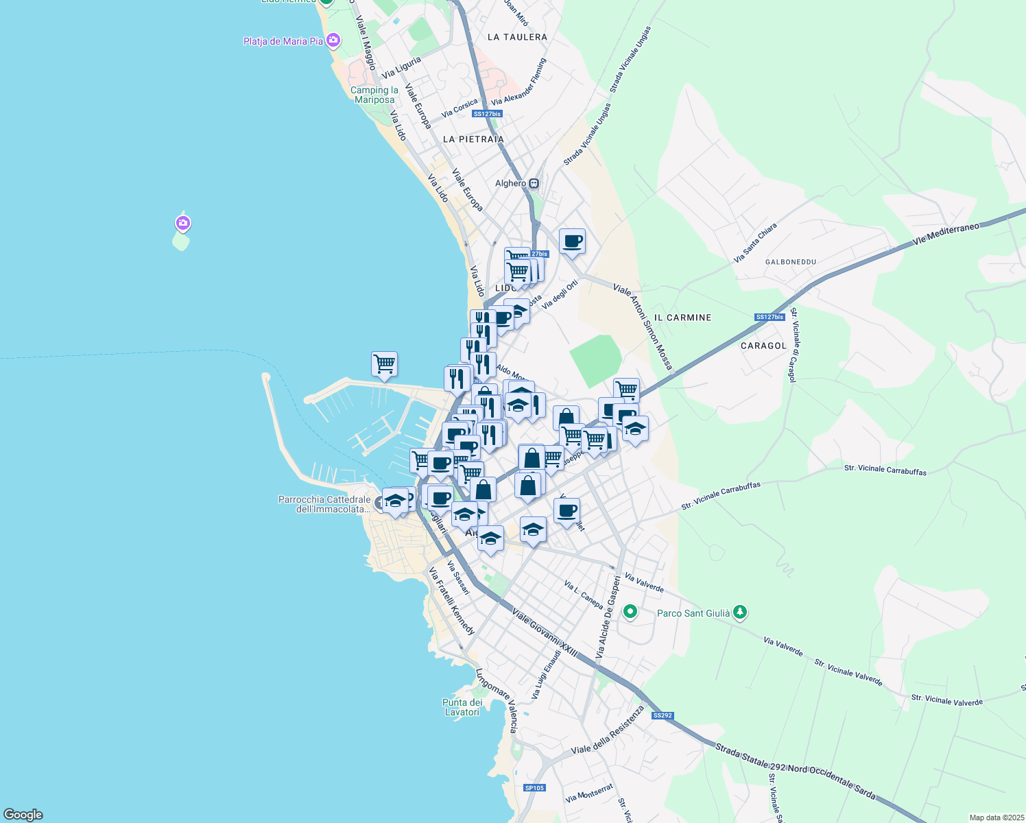 map of restaurants, bars, coffee shops, grocery stores, and more near 23 Via Goceano in Alghero
