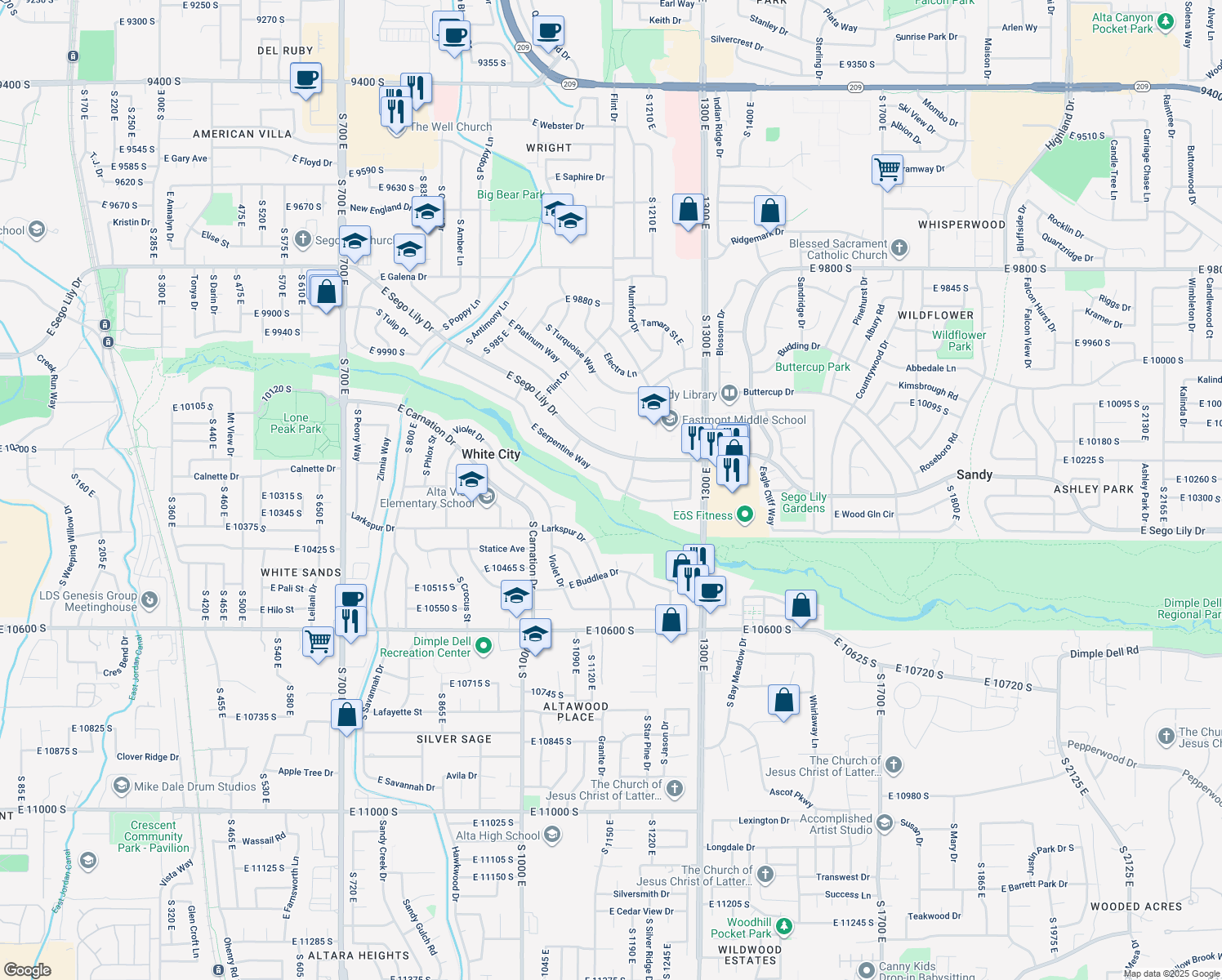 map of restaurants, bars, coffee shops, grocery stores, and more near 1150 East Serpentine Way in Sandy