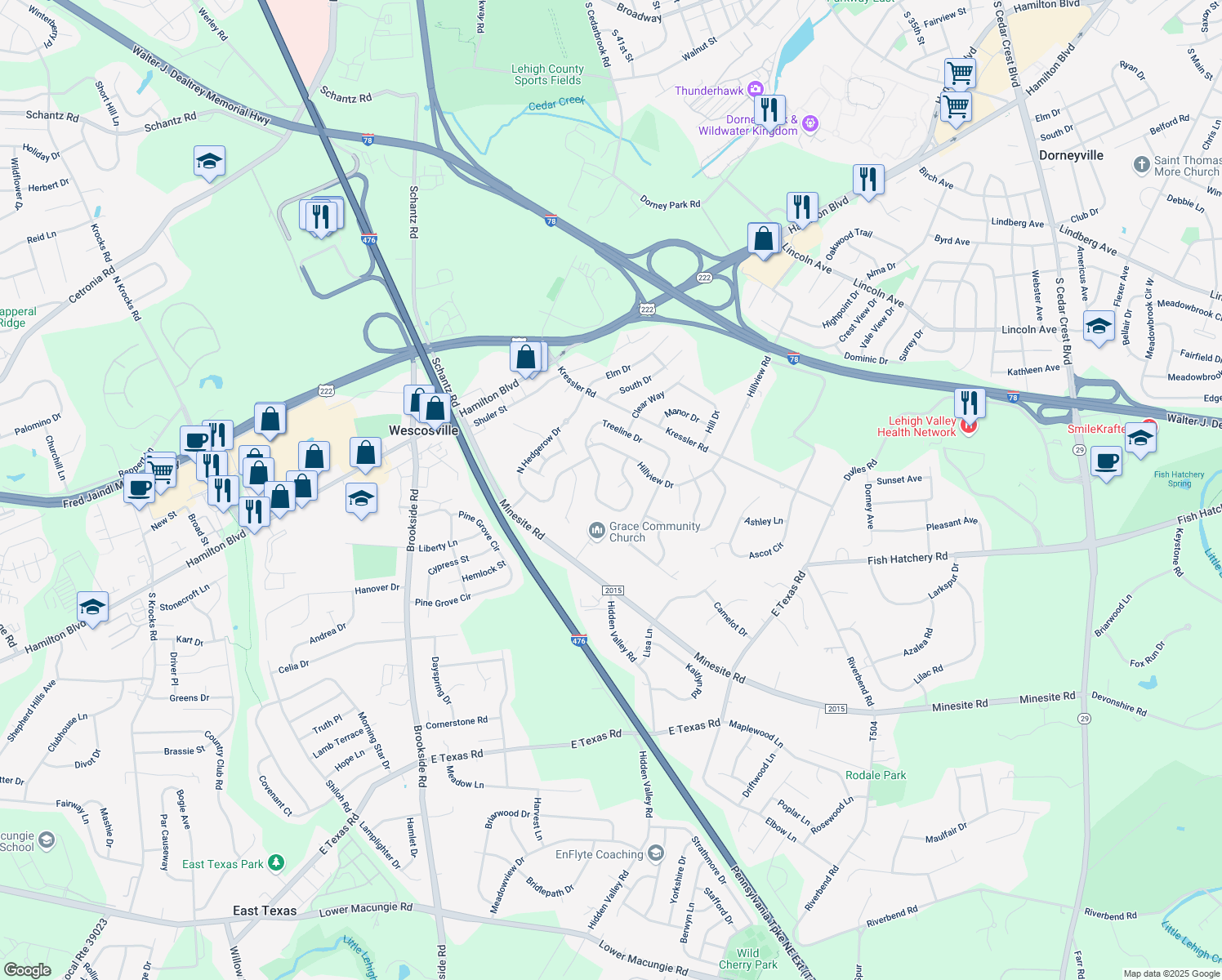map of restaurants, bars, coffee shops, grocery stores, and more near 4481 Treeline Circle in Allentown