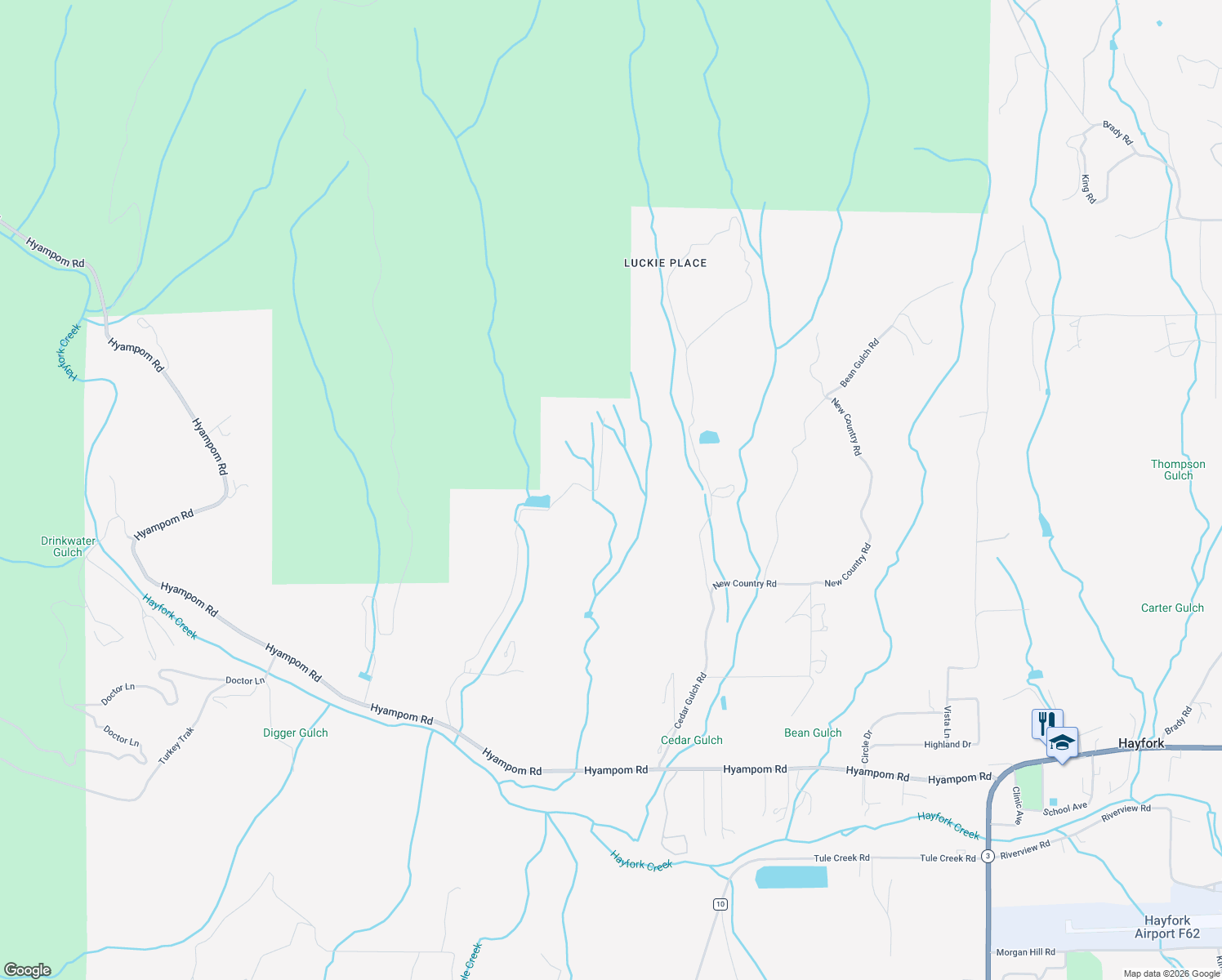 map of restaurants, bars, coffee shops, grocery stores, and more near New Country Road in Hayfork