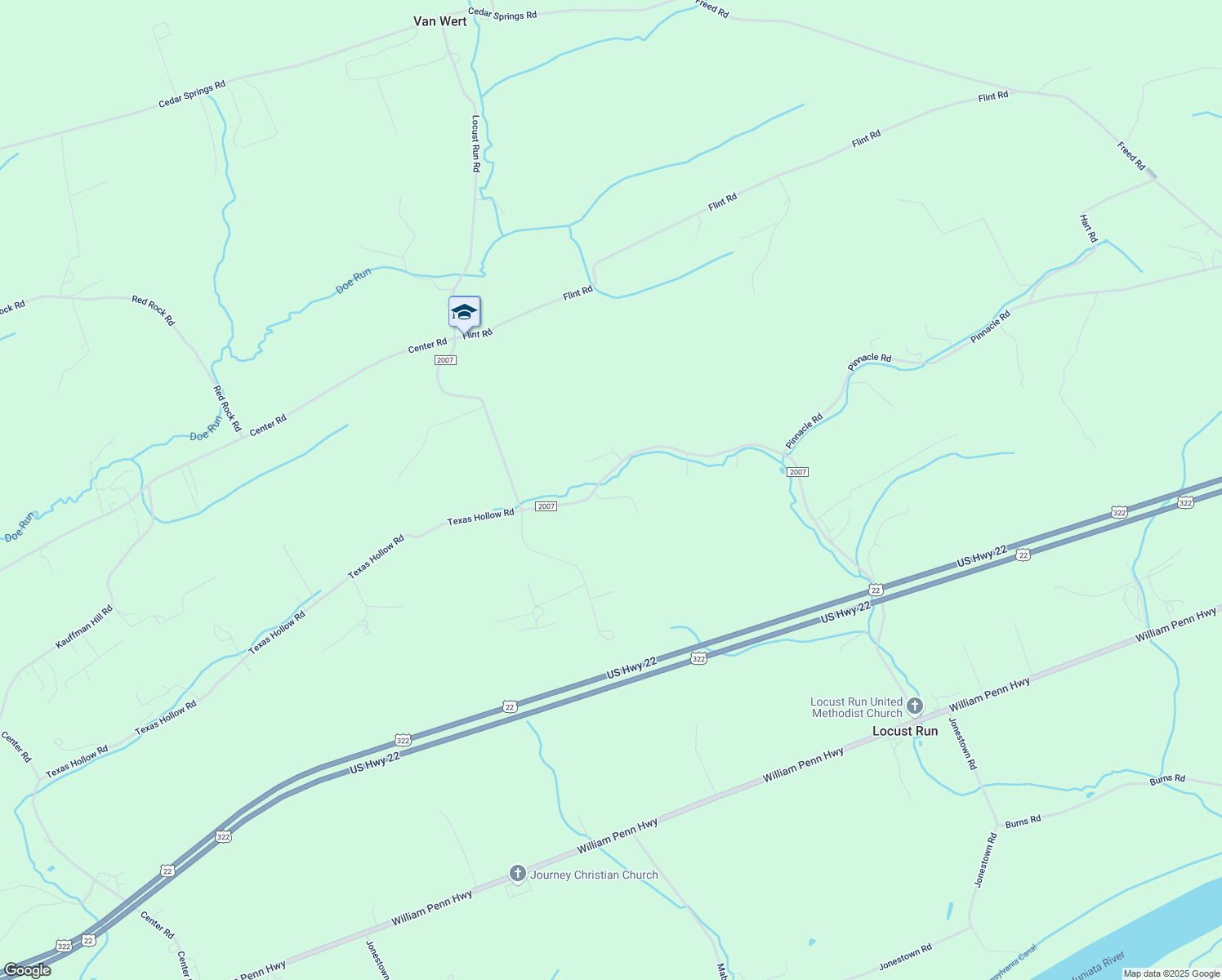 map of restaurants, bars, coffee shops, grocery stores, and more near 1487 Locust Run Road in Mifflintown