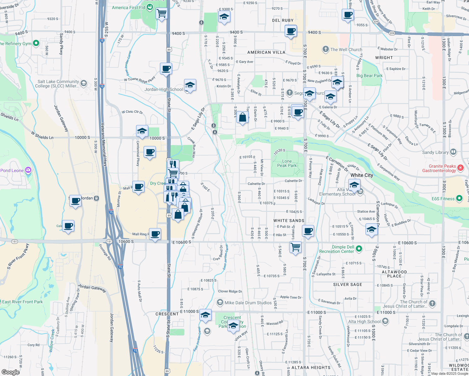 map of restaurants, bars, coffee shops, grocery stores, and more near 10293 South Sandy Willows Cove in Sandy
